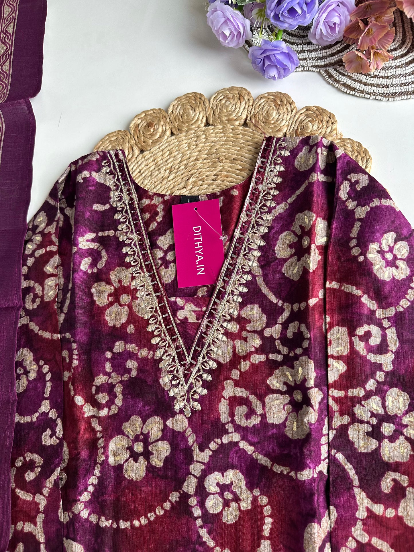 K104 - Rayon foil print straight kurti with pants and dupatta