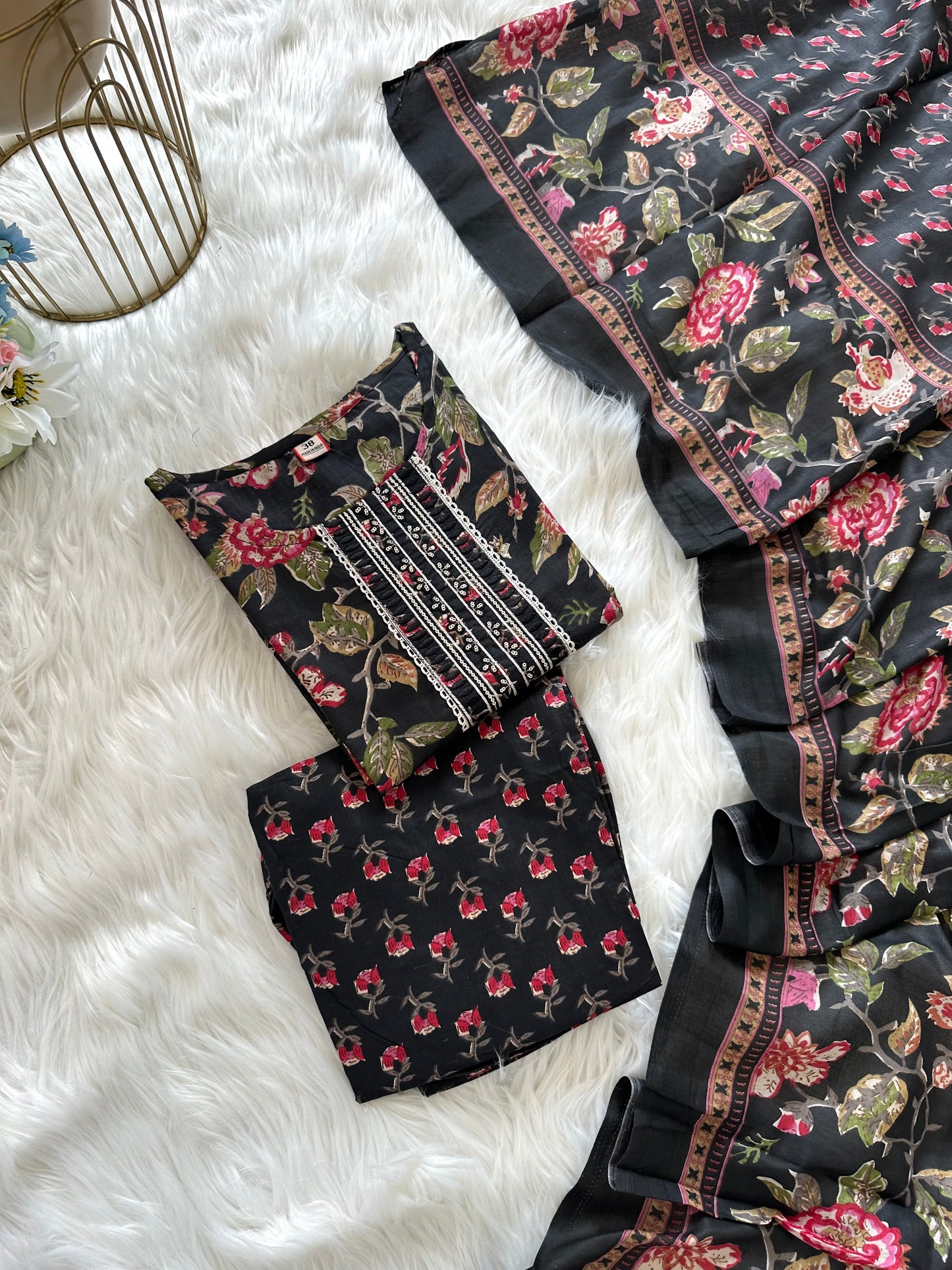 K392 - Cotton printed straight kurti with pants and dupatta