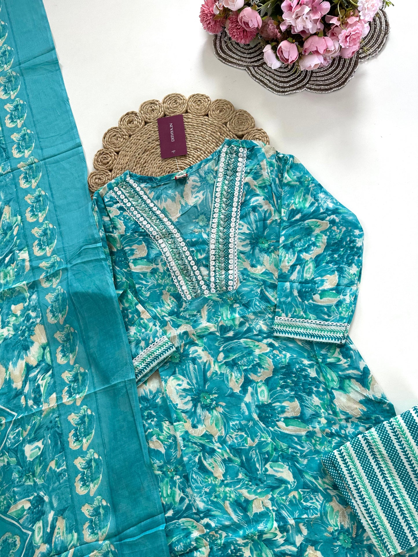K387 - Cotton floral straight Kurti with pants and dupatta in 4 colours