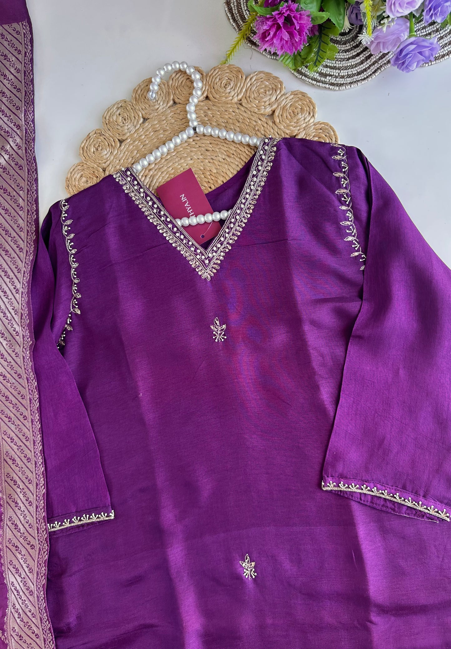 D027 -Dola silk straight kurti with pants and dupatta