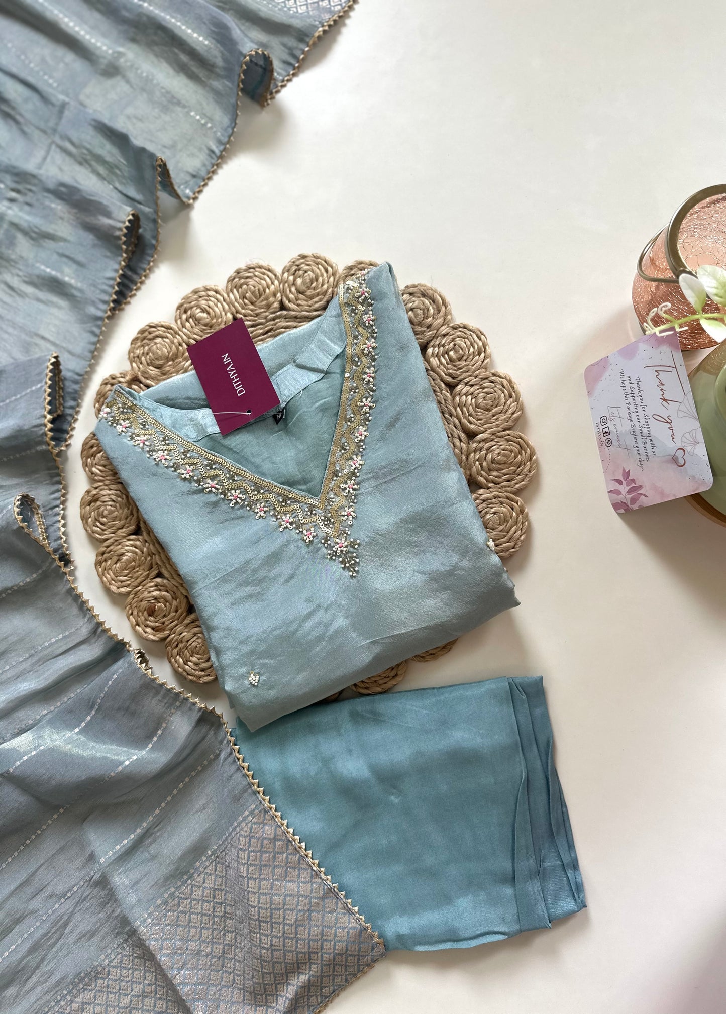 K203 - Tissue silk handwork straight kurti with pants and dupatta .