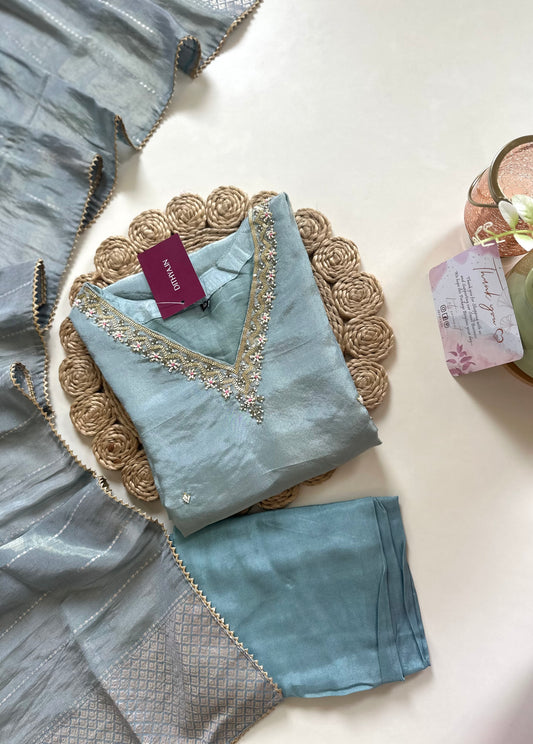 K203 - Tissue silk handwork straight kurti with pants and dupatta