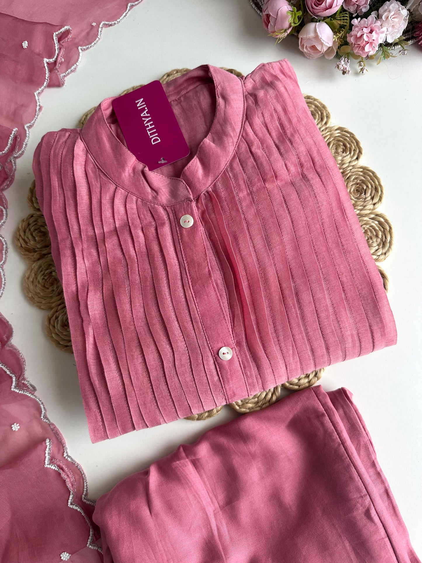 K018 - Mul Chanderi Handwork Aline Kurti with pants and dupatta