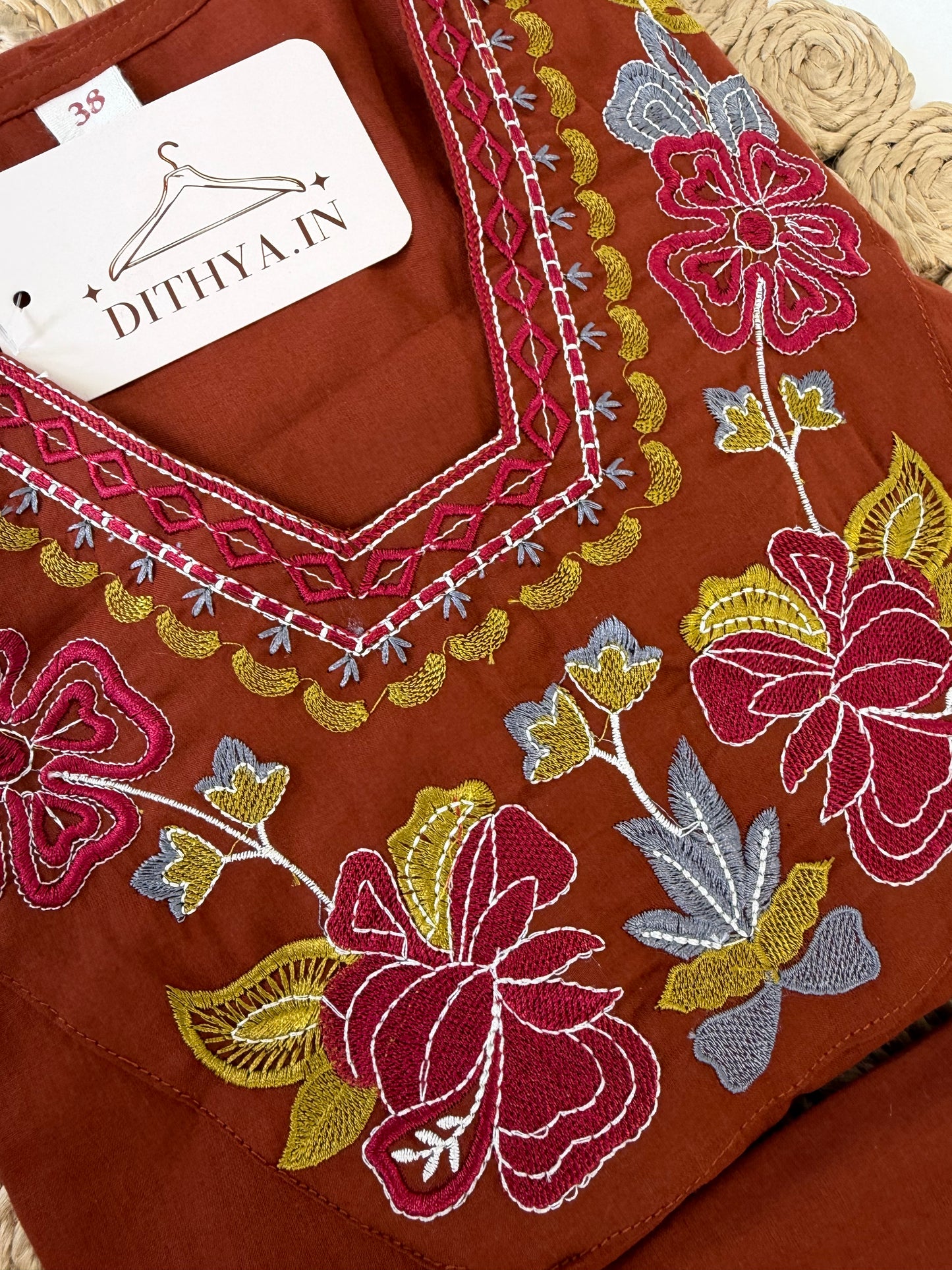 K100 - Mul cotton embroidered aline Kurti with pants and dupatta in 2 colours