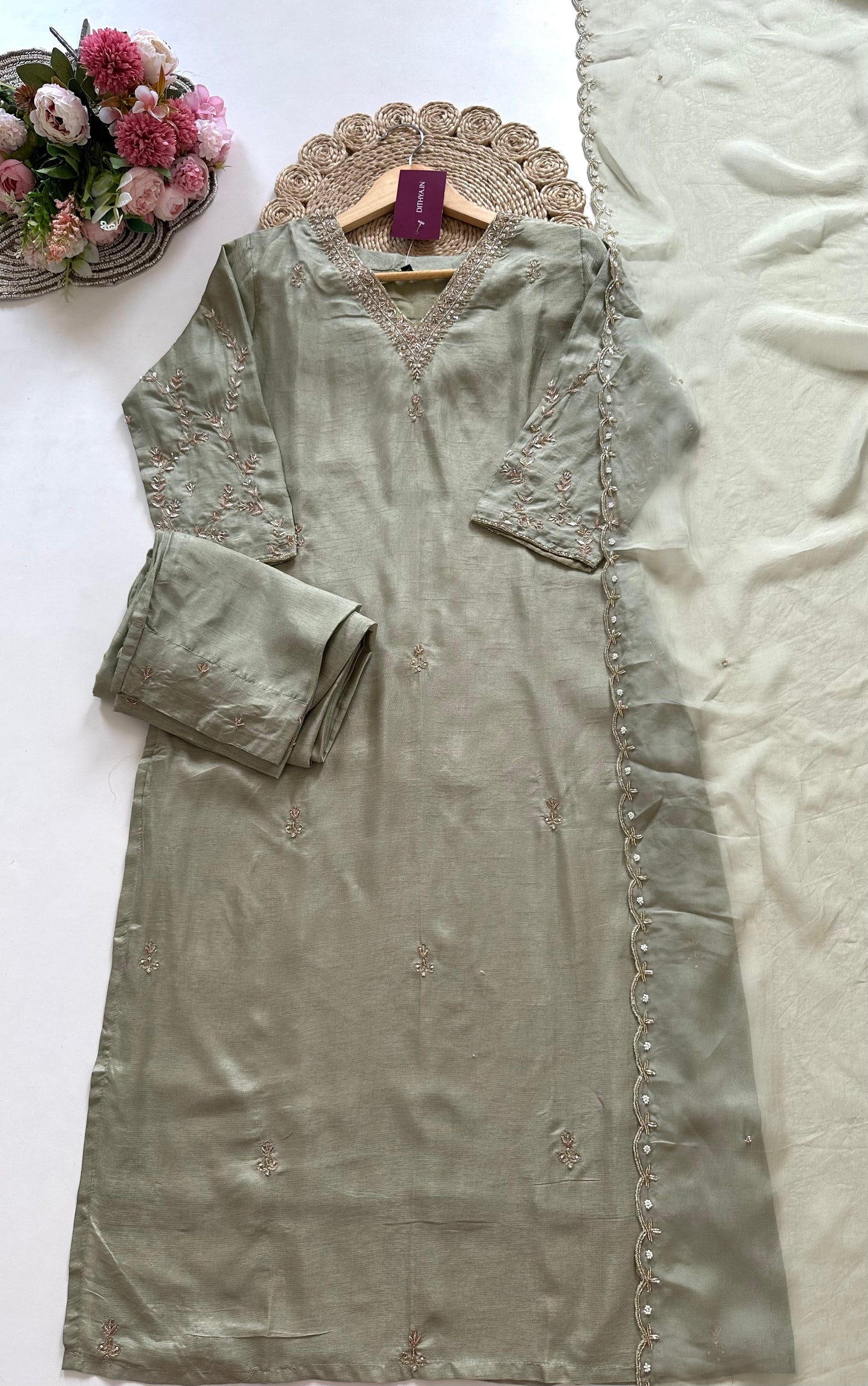 K291 - Russian silk handwork Straight kurti with pants and dupatta