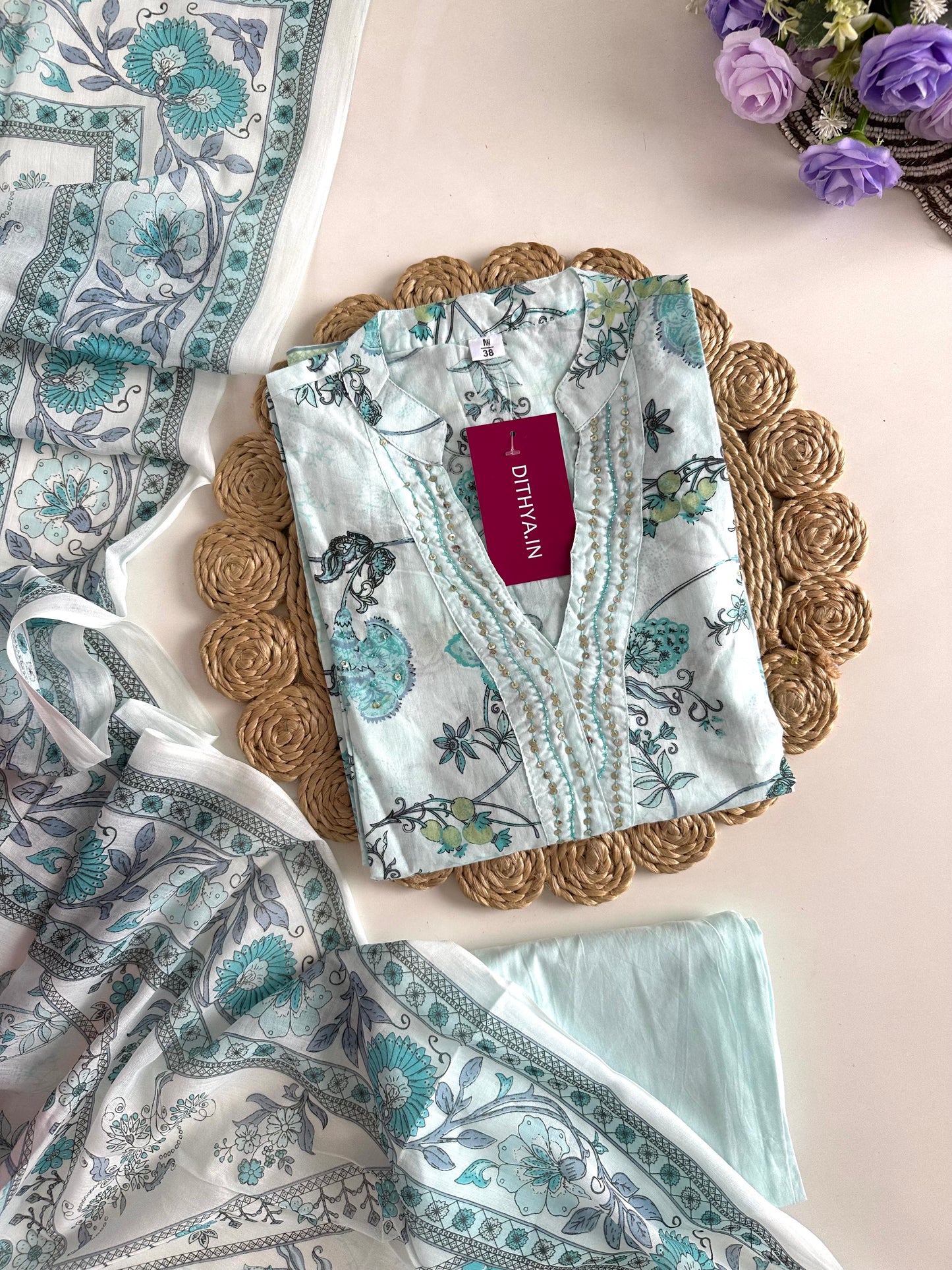 K355 - Cotton floral straight kurti with pants and dupatta