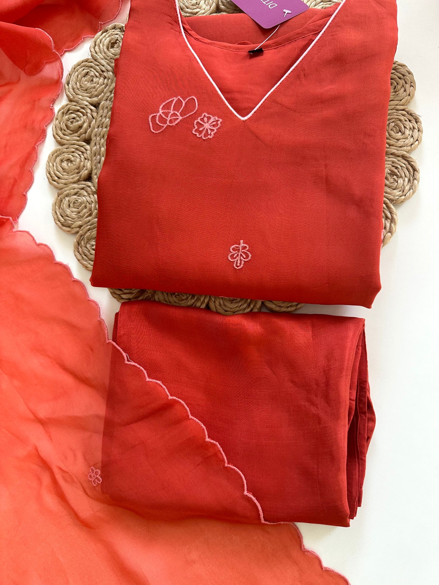 K225 - Pure viscose organza appliqué work Aline Kurti with pants and dupatta in 2 colours