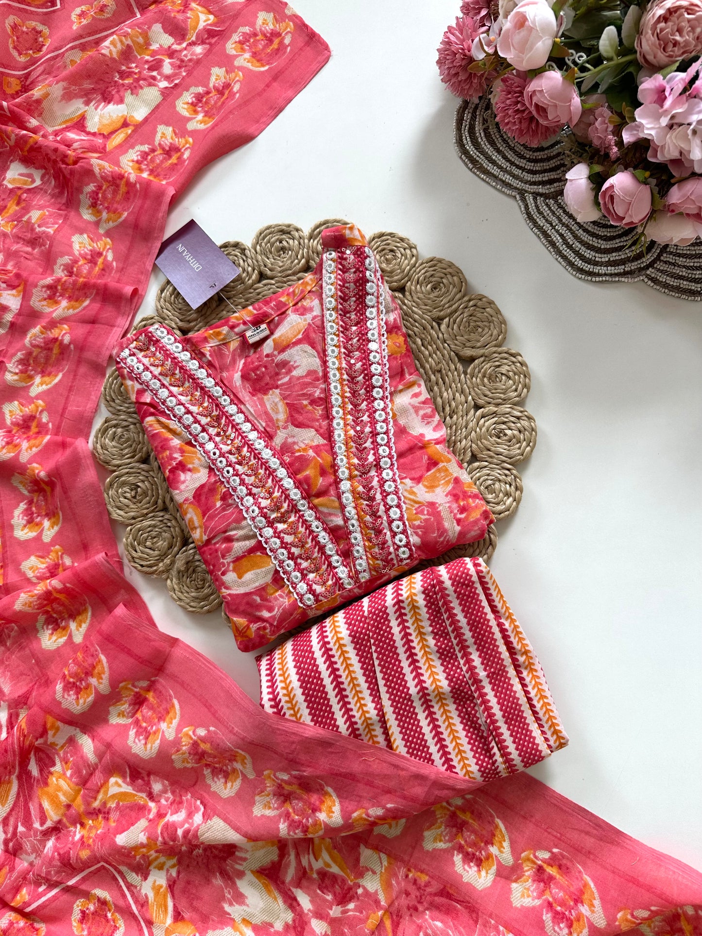 K387 - Cotton floral straight Kurti with pants and dupatta in 4 colours