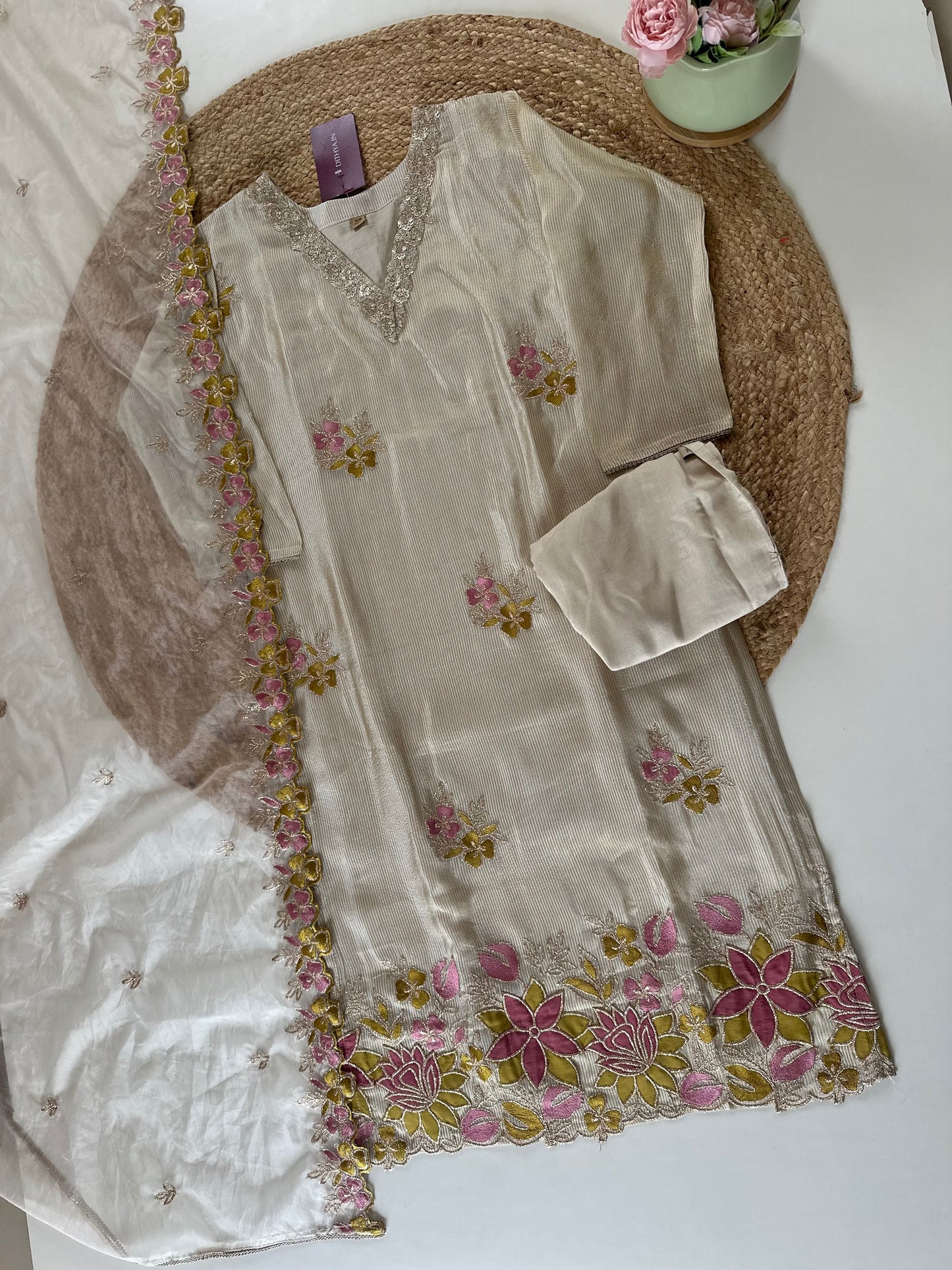K050 - Shimmer Tissue silk V neck straight kurti with pants and organza dupatta.