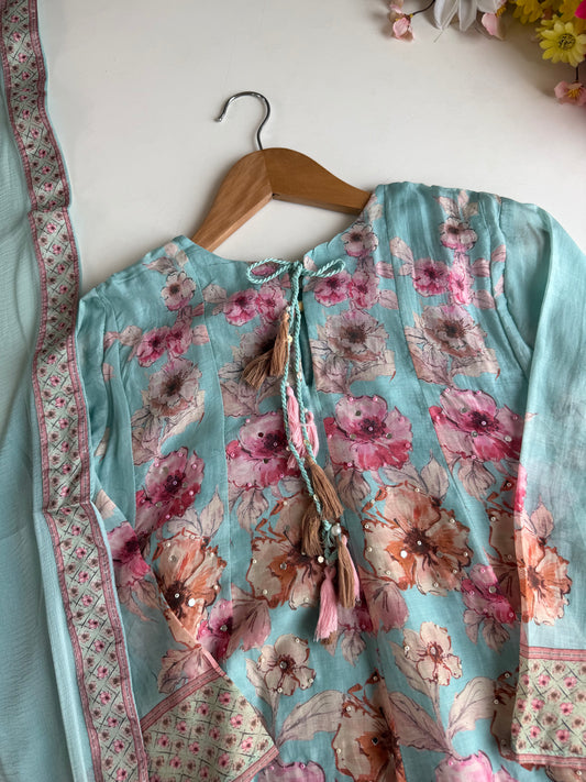K719 - Floral Pure muslin embroidered farshi salwar with pants and dupatta
