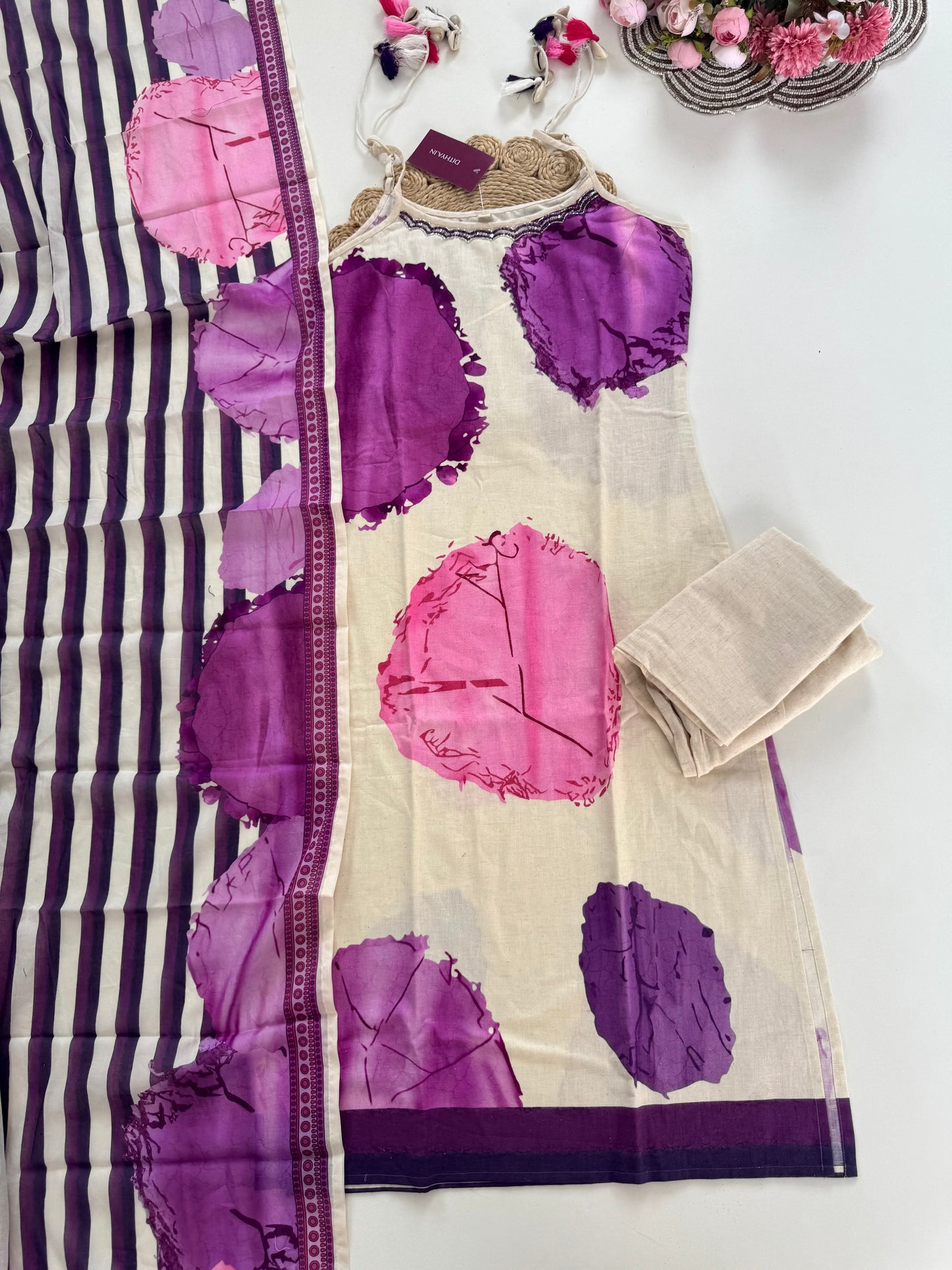 K088 - Cotton embroidered strap Kurti with pants and dupatta in 3 designs