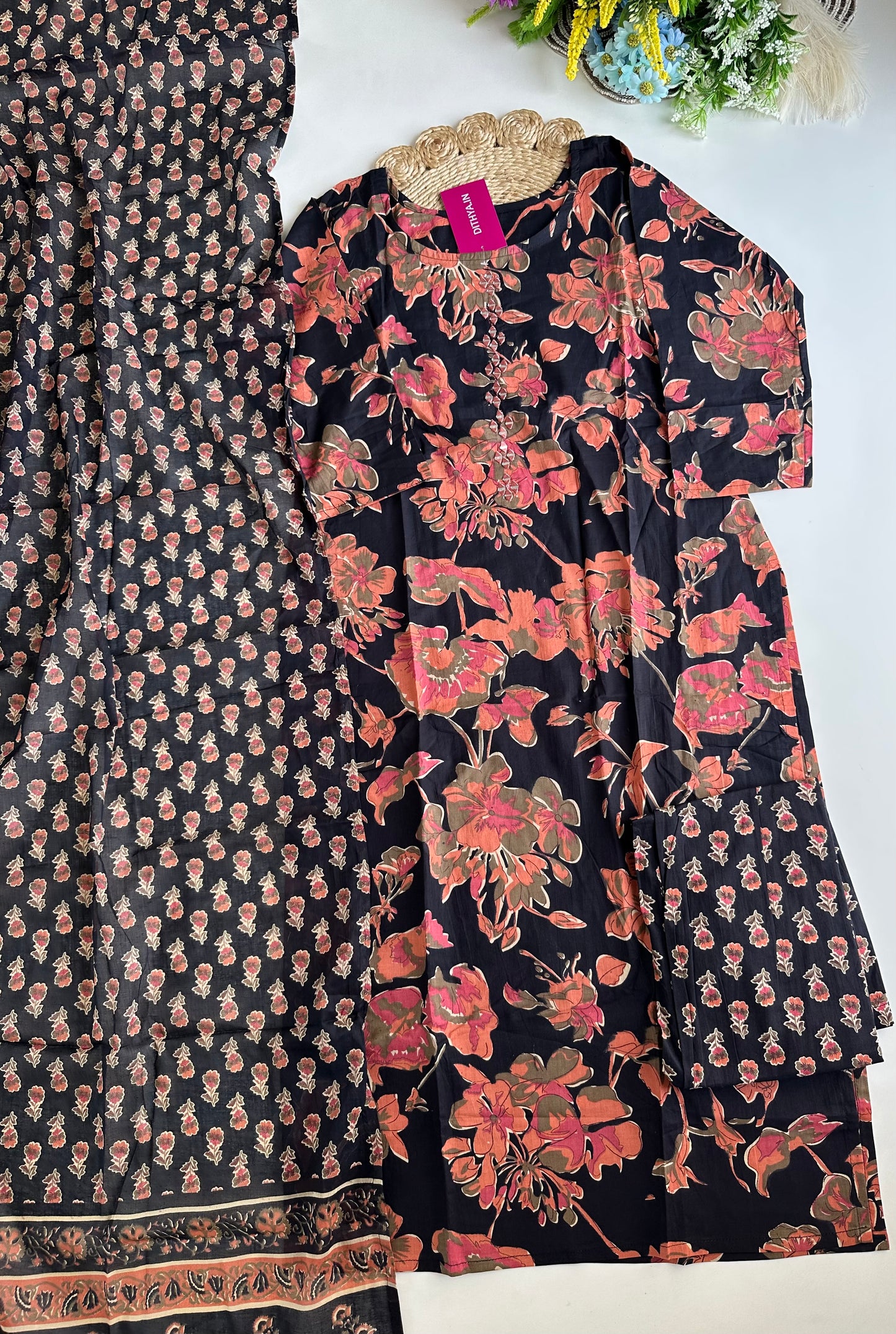 K071 - Cotton floral straight Kurti with pants and dupatta in 4 colours