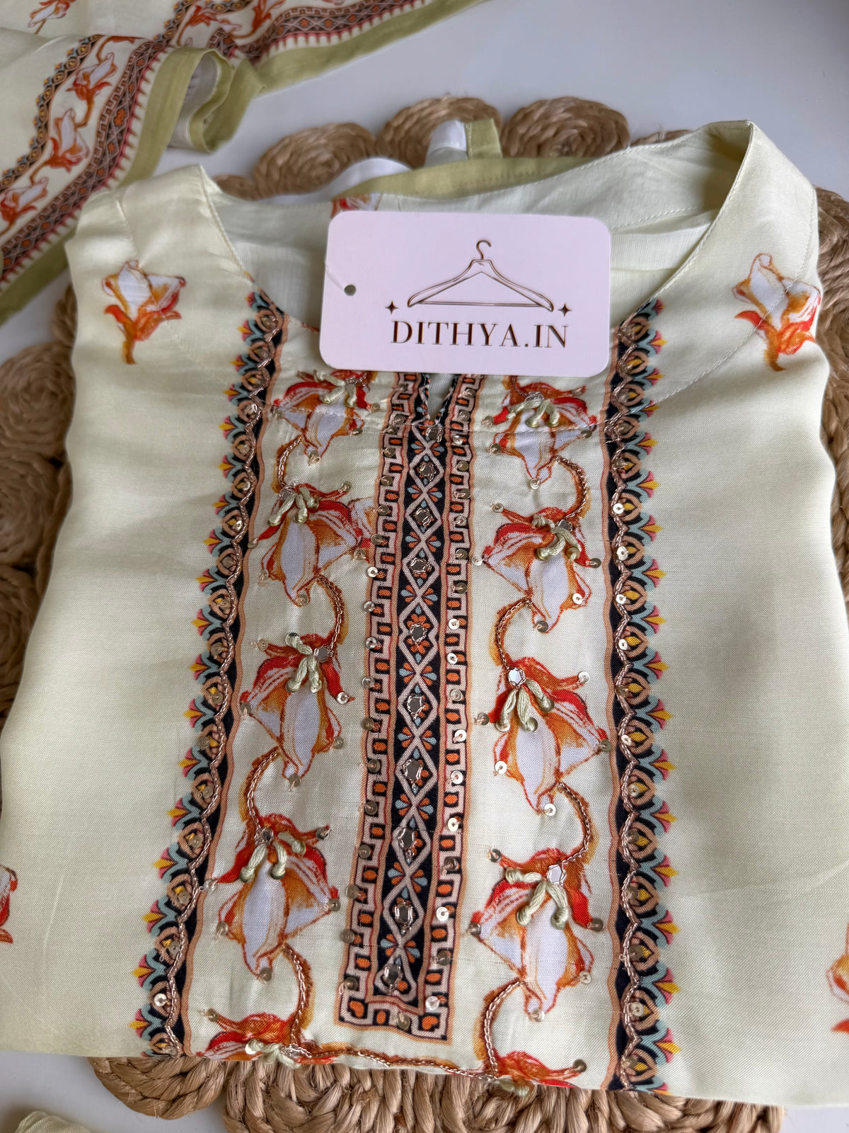 K554 - Muslin silk handwork straight Kurti with pants and dupatta