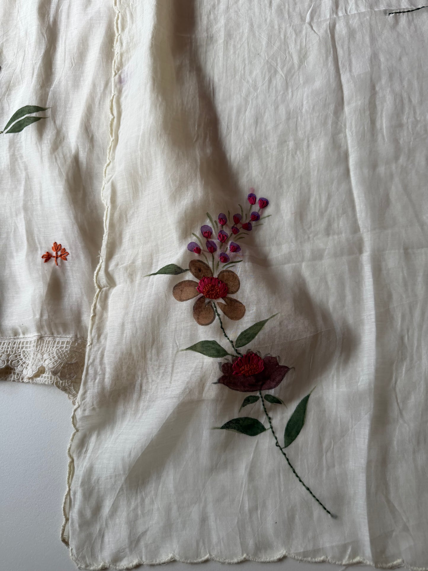 K611 - Mul chanderi embroidered Aline Kurti with pants and dupatta