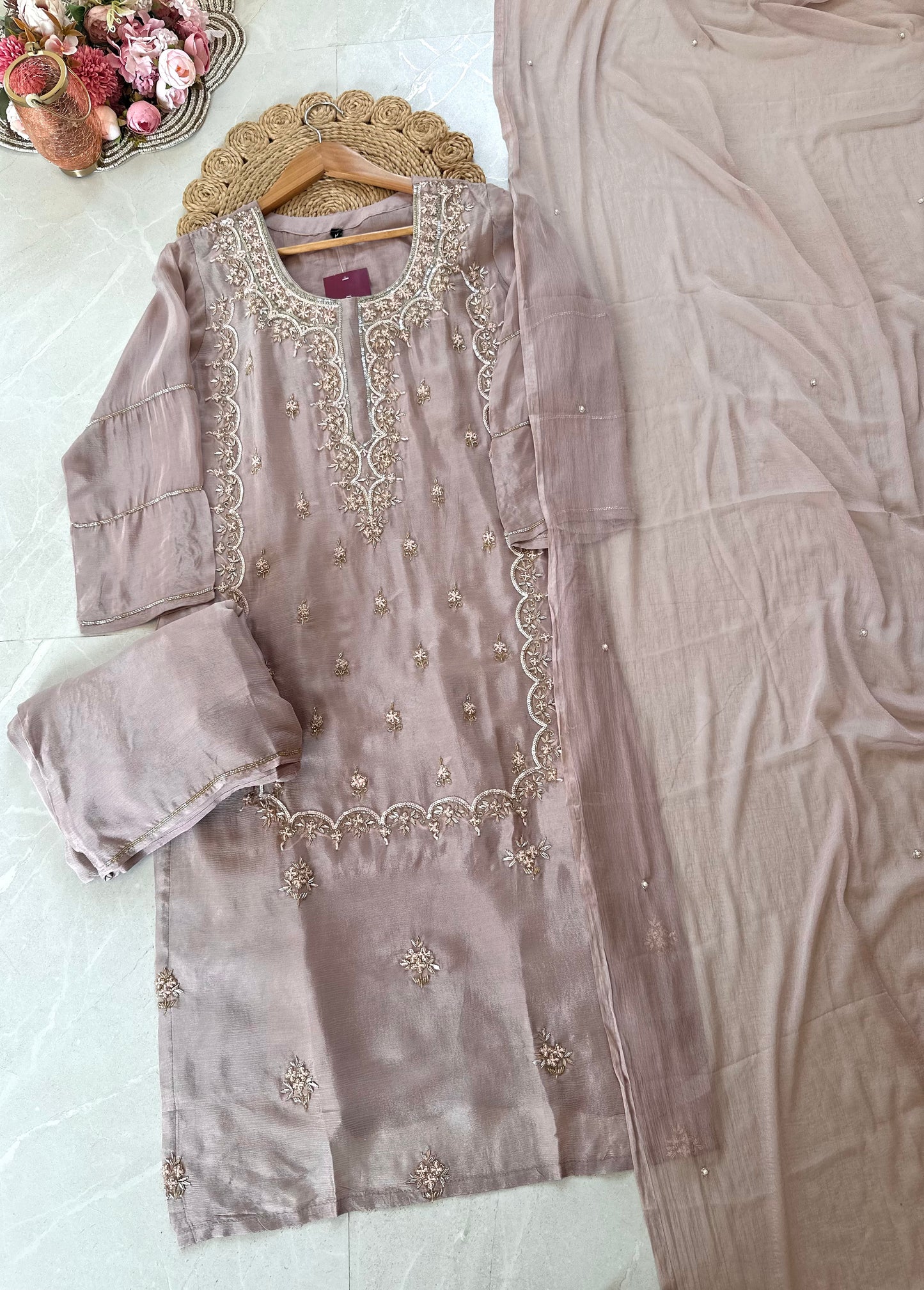 K161 - Heavy handwork Russian silk Straight kurti with flared pants and chiffon dupatta