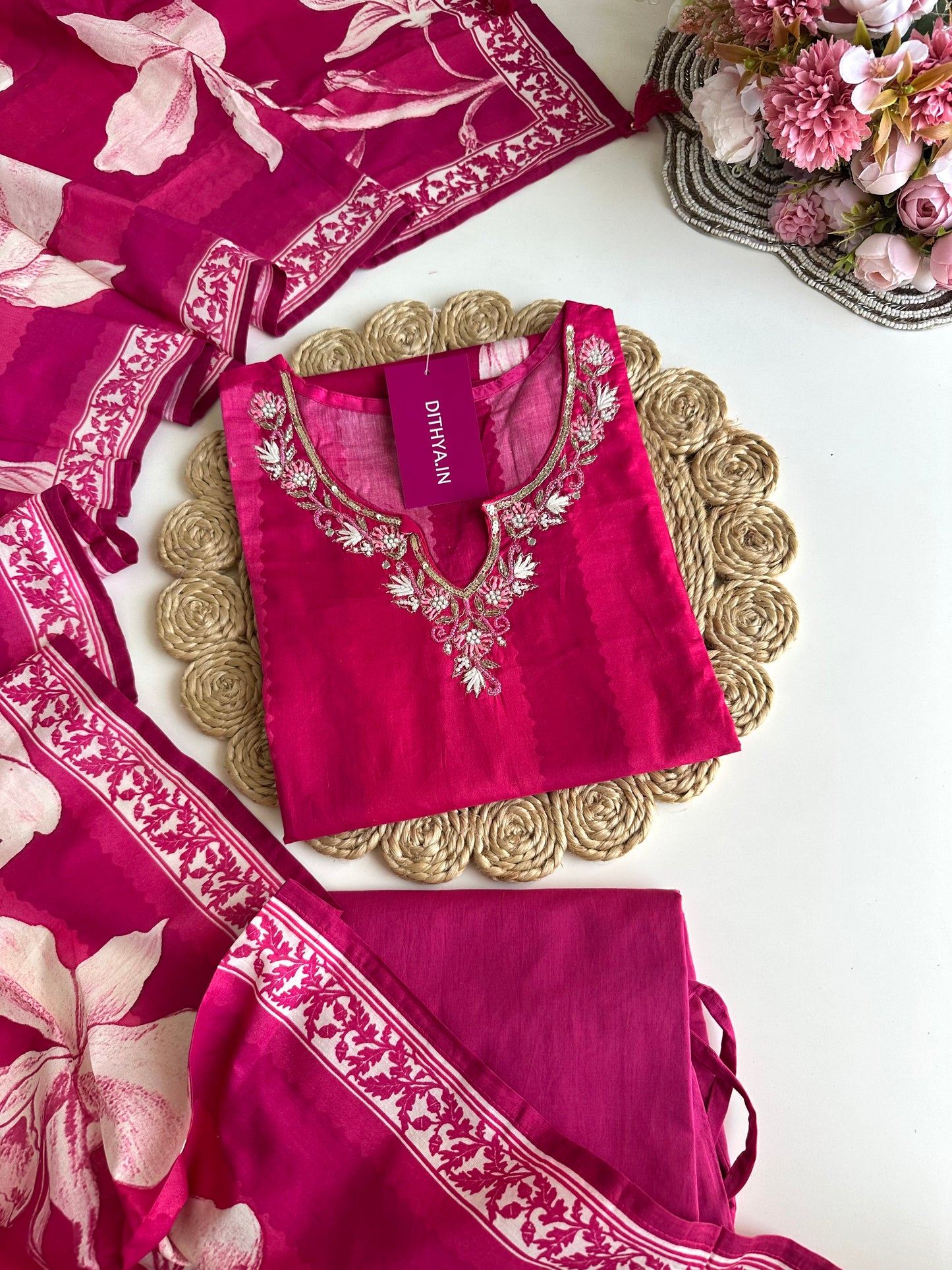 K177 - Cotton floral straight Kurti with pants and dupatta