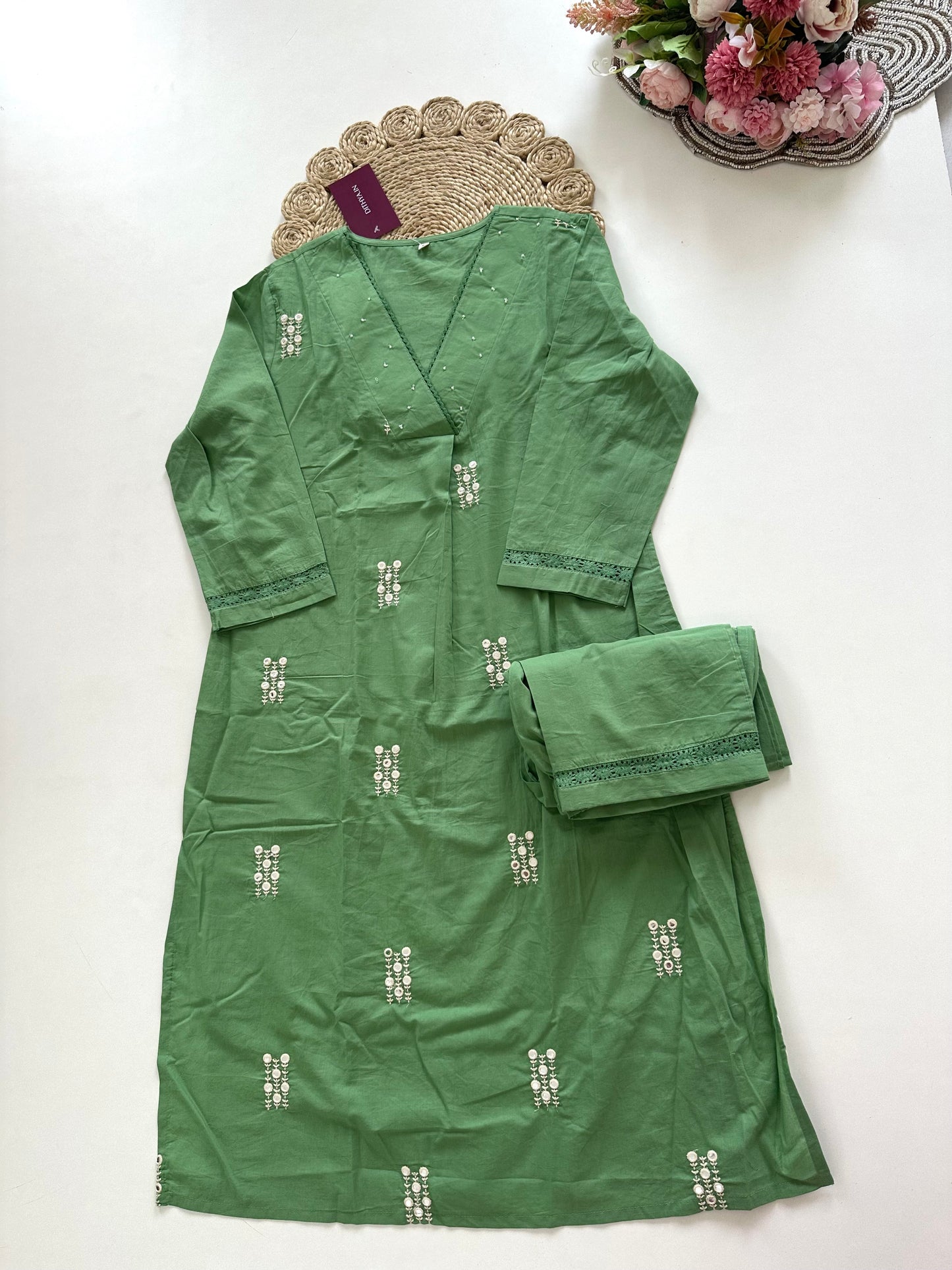 K104 - Cotton embroidered Aline Kurti with pants in 2 colours