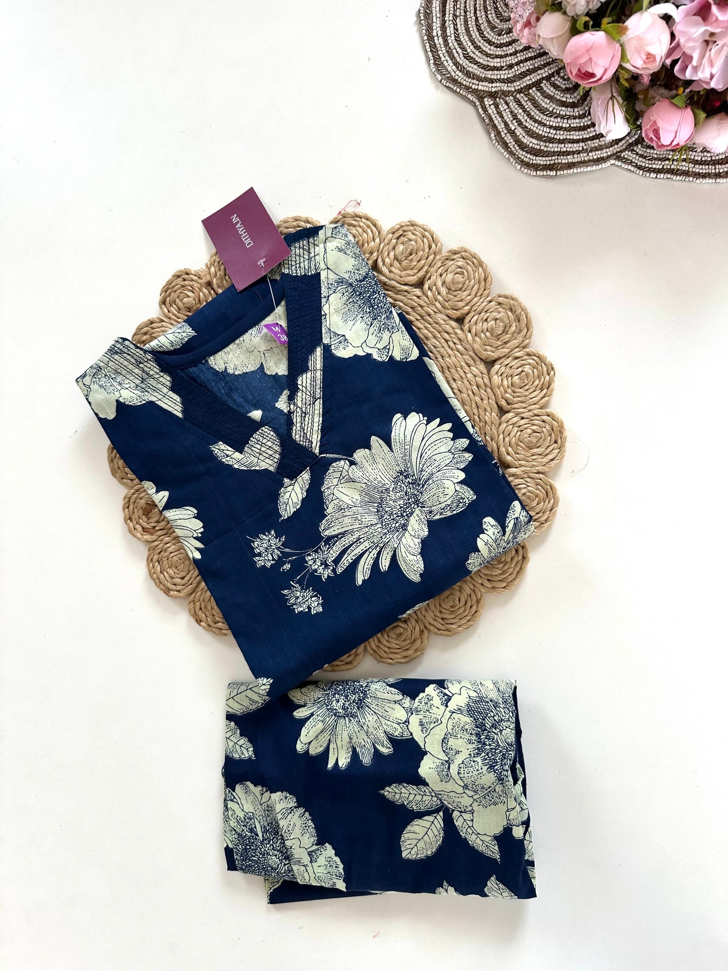 K227 - Cotton floral Aline Kurti with pants in 3 colours