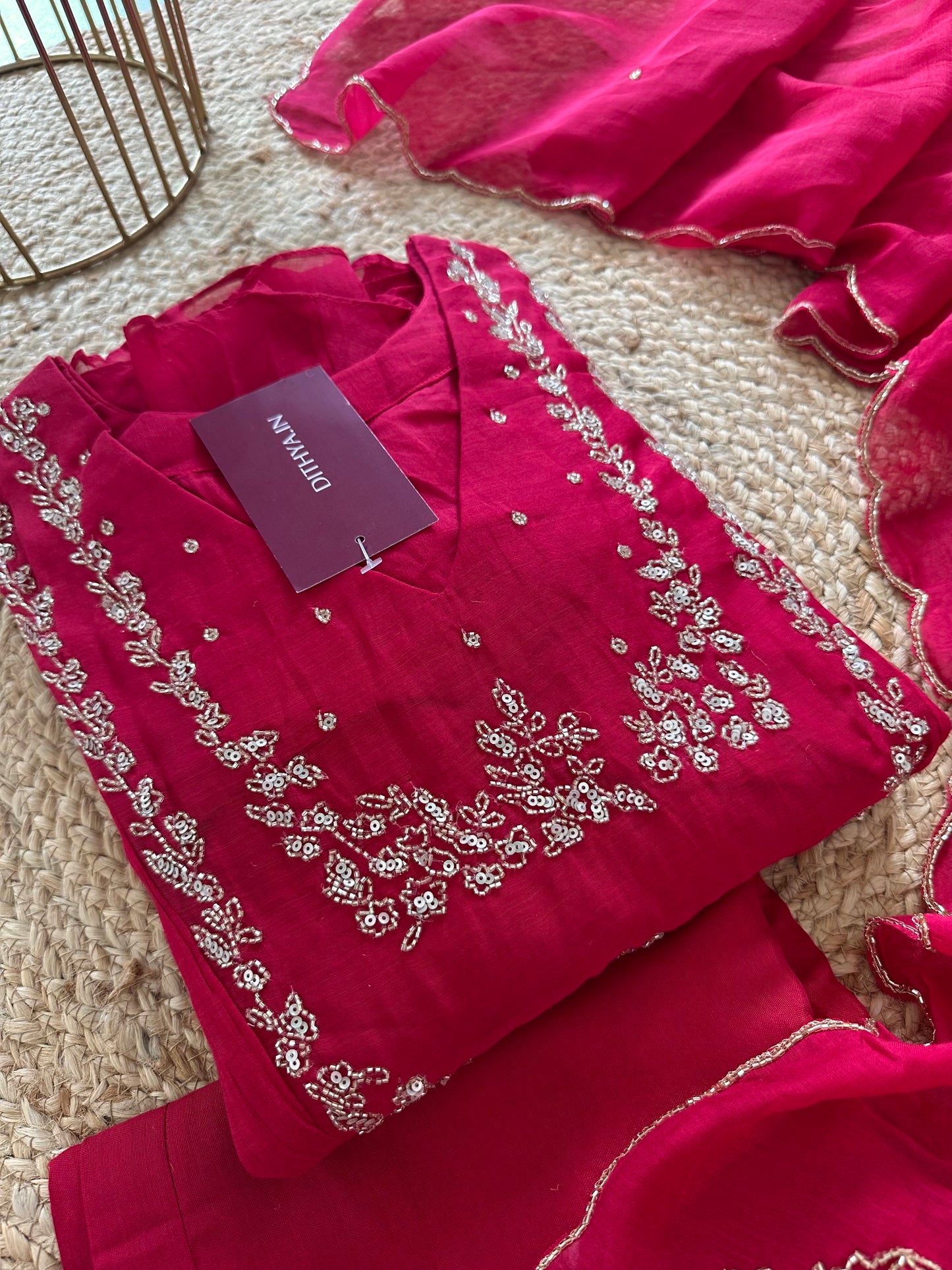 K229 - Mul Chanderi Handwork Aline Kurti with pants and dupatta in 2 colours