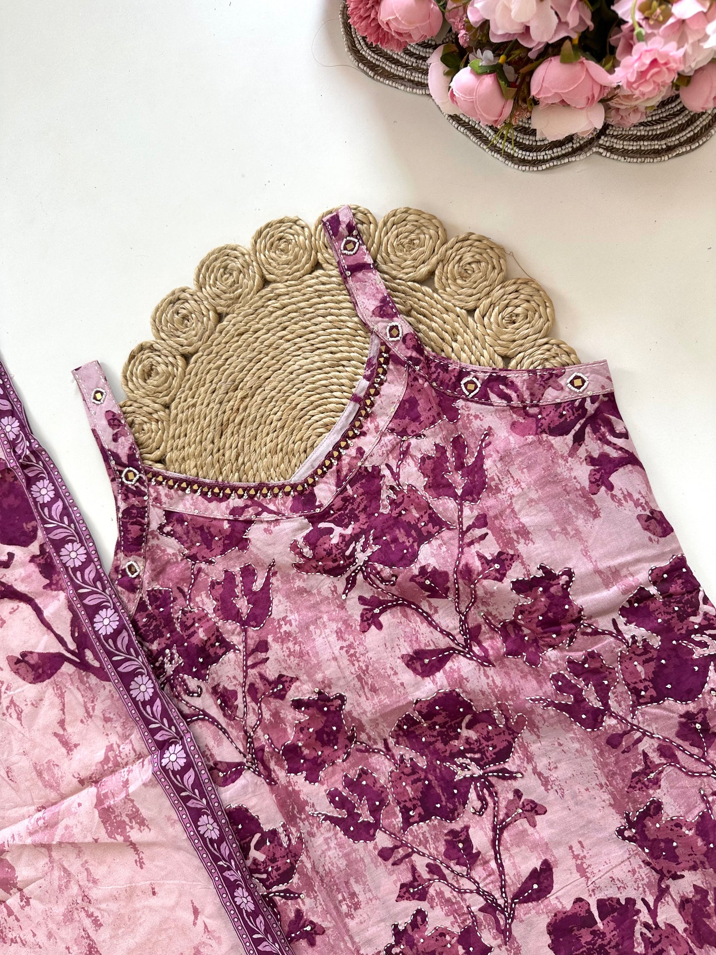 K250 - Cotton Strap handwork straight Kurti with pants and dupatta in 3 colours