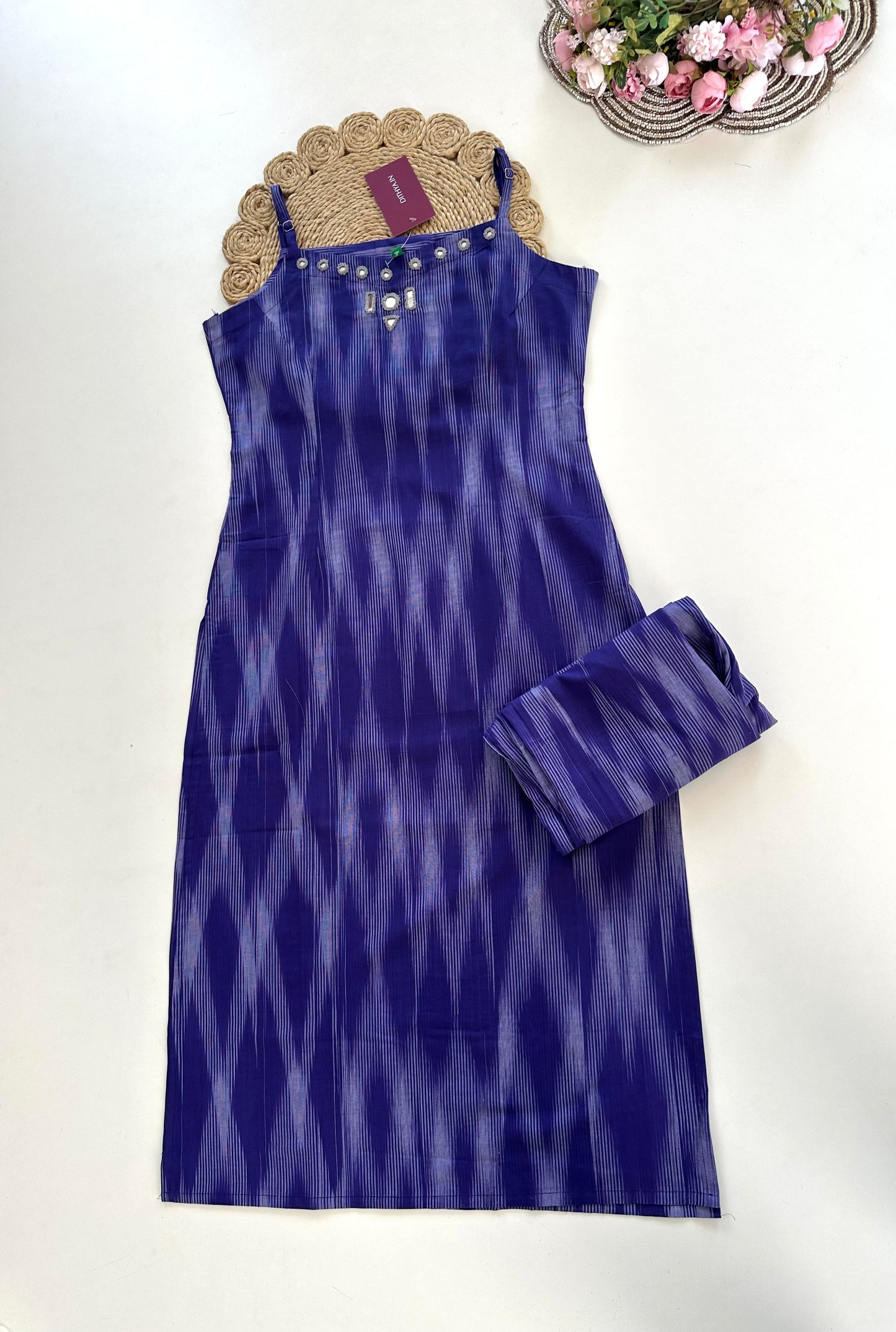 K040 - Cotton strap mirror work Kurti with pants in 3 colours