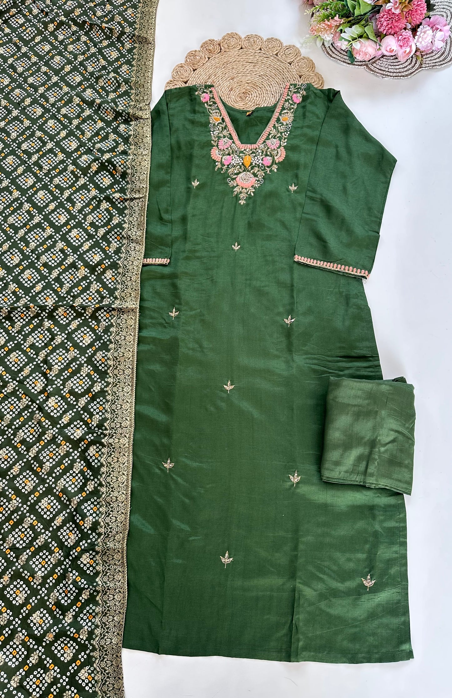 K171 - Russian silk handwork Straight kurti with pants and dupatta