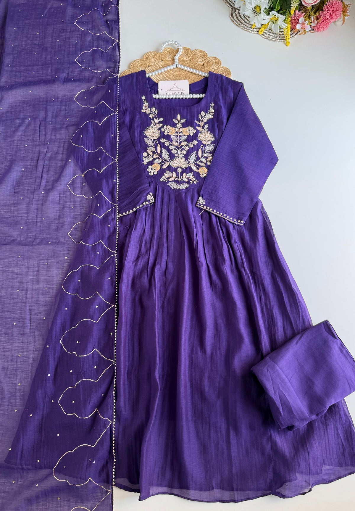 K082 - Mul chanderi handwork Anarkali with pants and dupatta