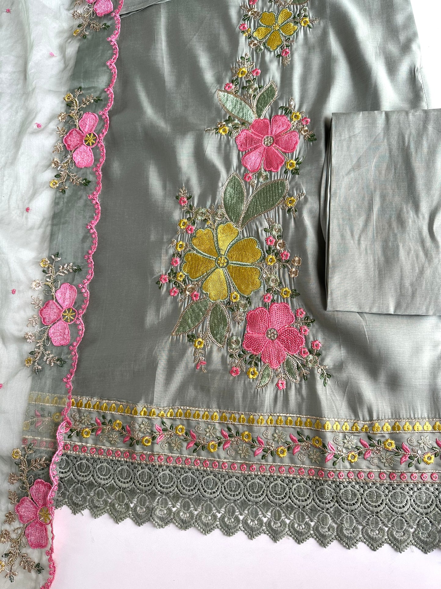 K147 - Roman silk embroidered straight Kurti with pants and dupatta