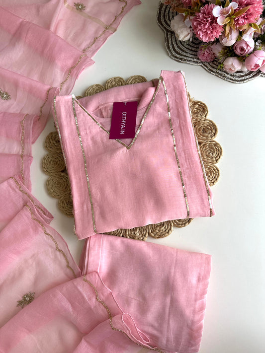 K070 - Mul Chanderi handwork Aline Kurti with pants and dupatta in