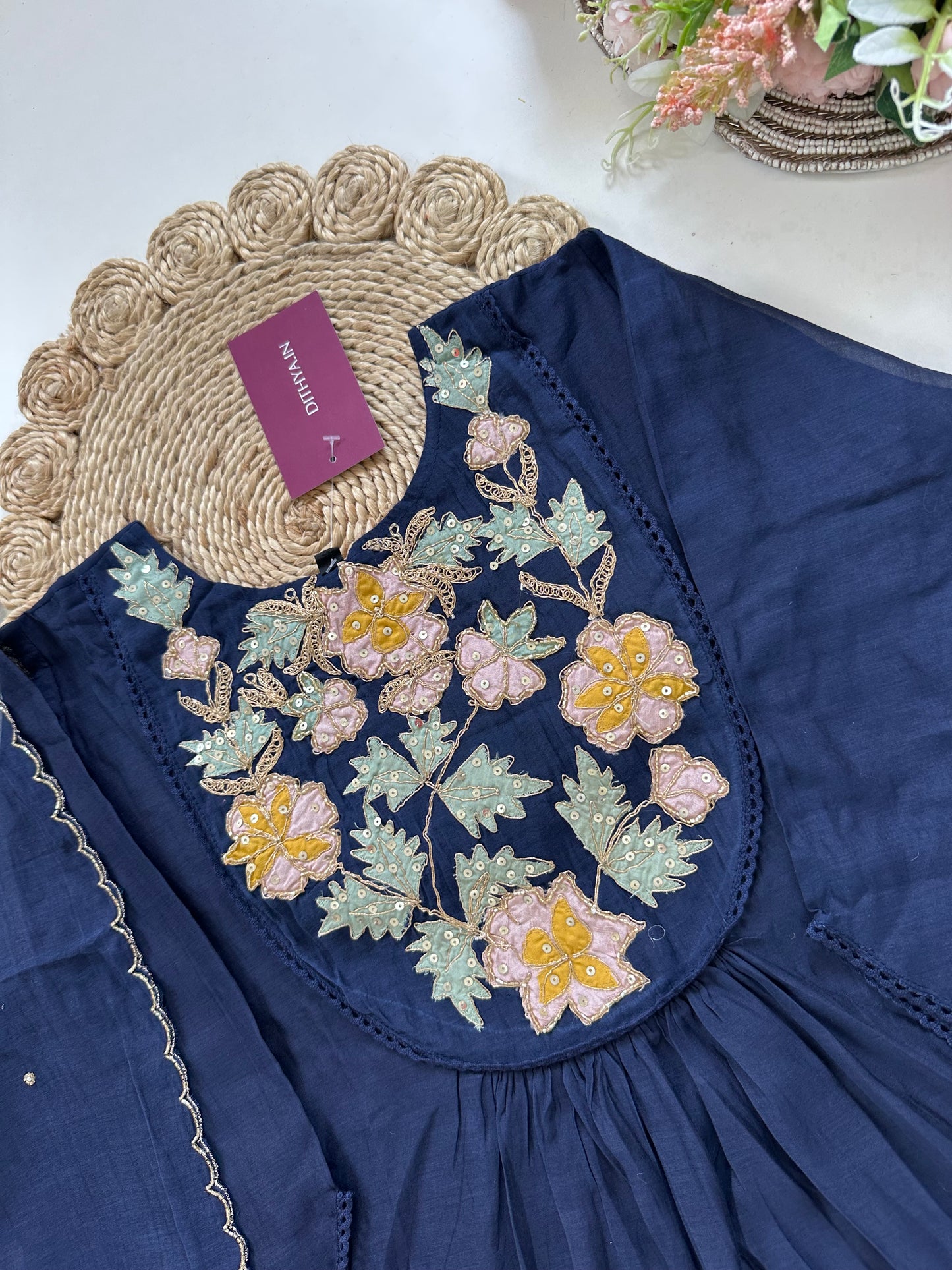 K265 - Mul Chanderi applique work Aline Kurti with pants and dupatta in 2 colours