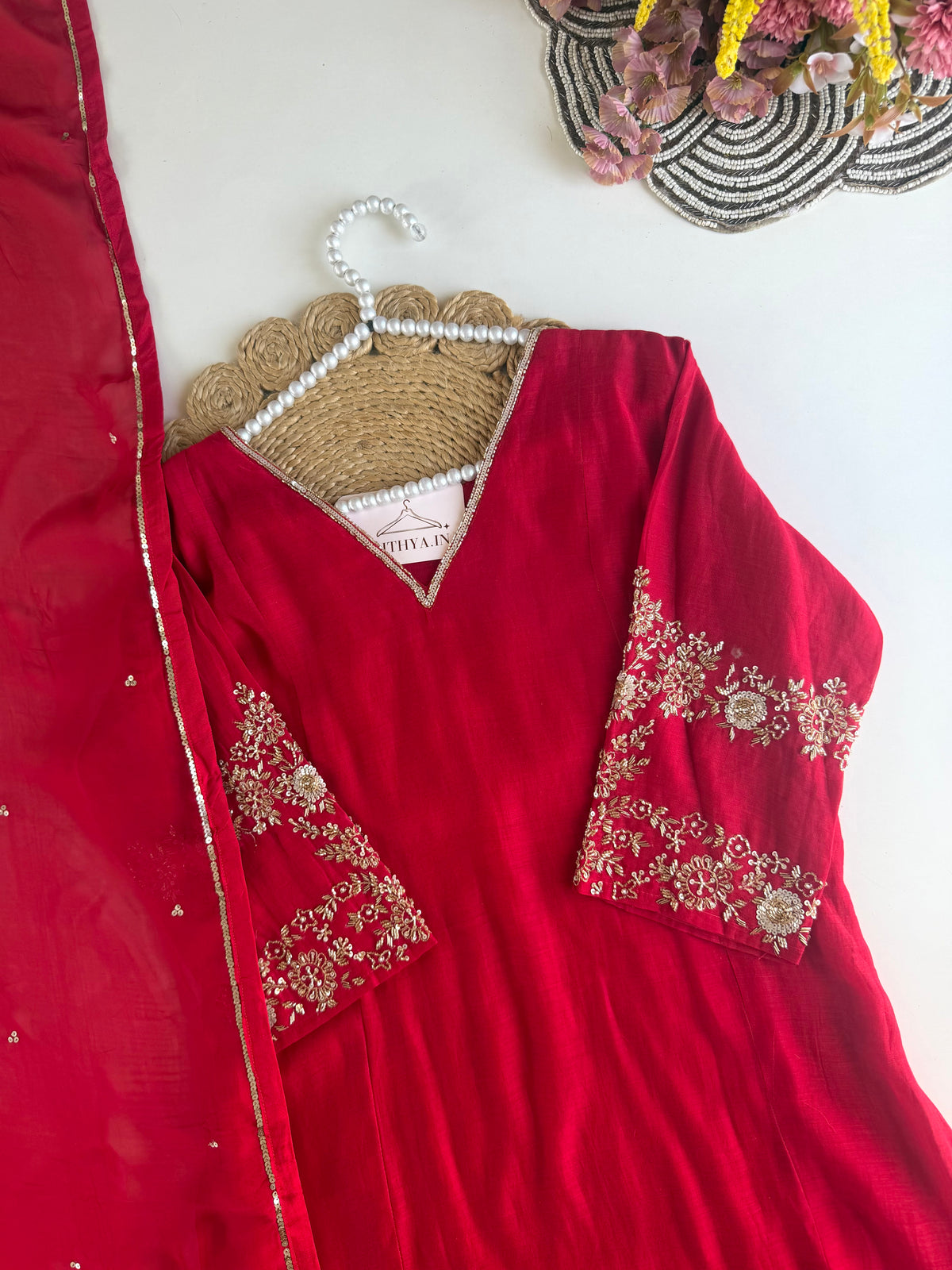 K457 - Mul chanderi handwork aline Kurti with pants and dupatta