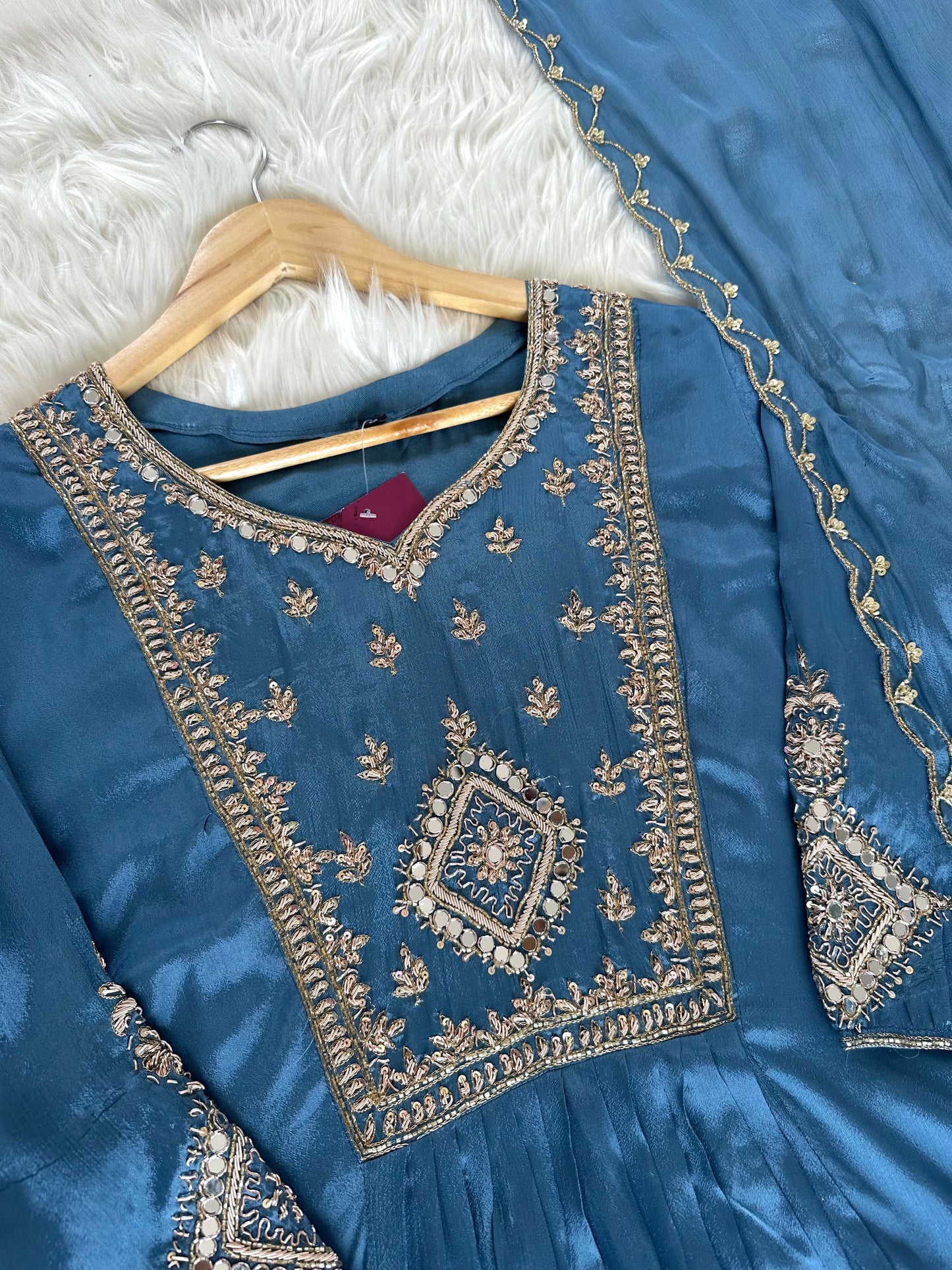 K399 - Handwork Chinnon Anarkali with pants and dupatta in 2 colours