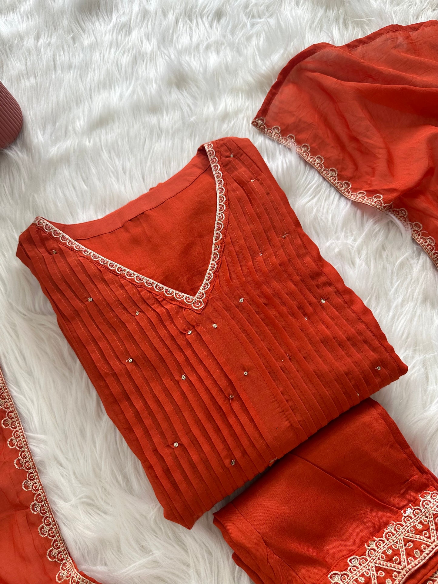K369 - Mul Chanderi zari work Aline Kurti with pants and dupatta in 2 colours