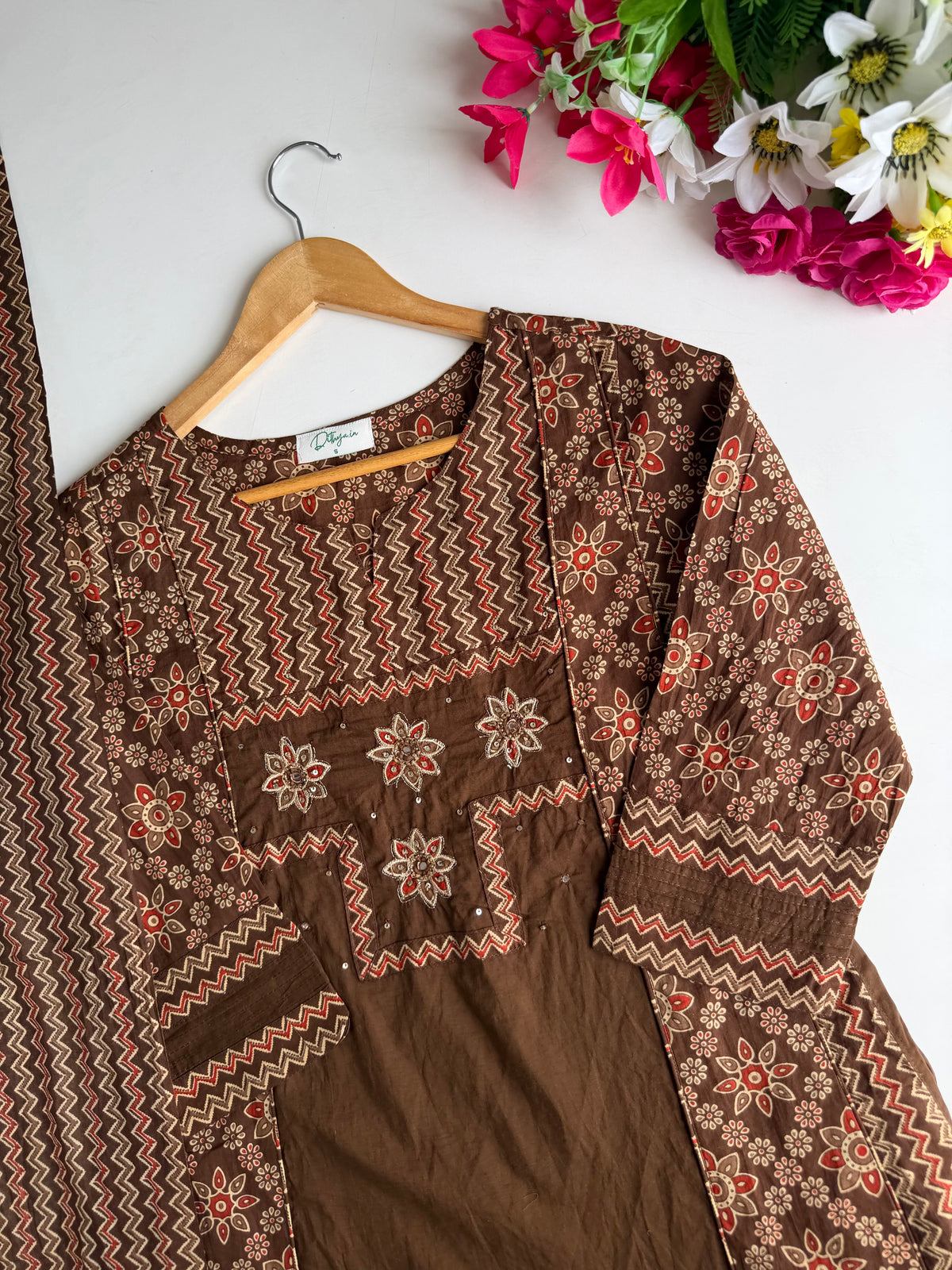 K076 - Mul cotton printed embroidered Aline Kurti with pants and dupatta