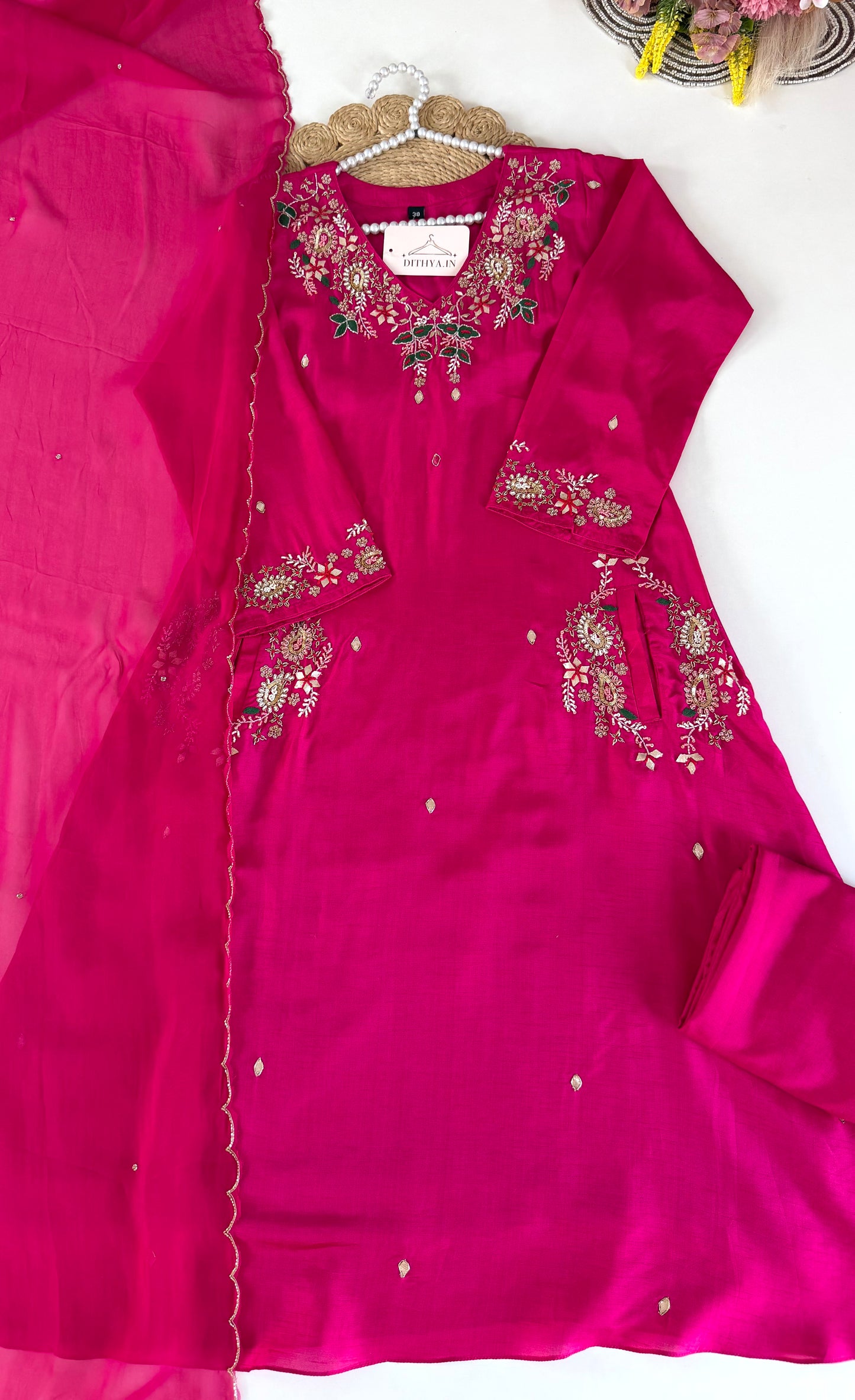 K520 - Russian silk handwork aline Kurti with pants and dupatta