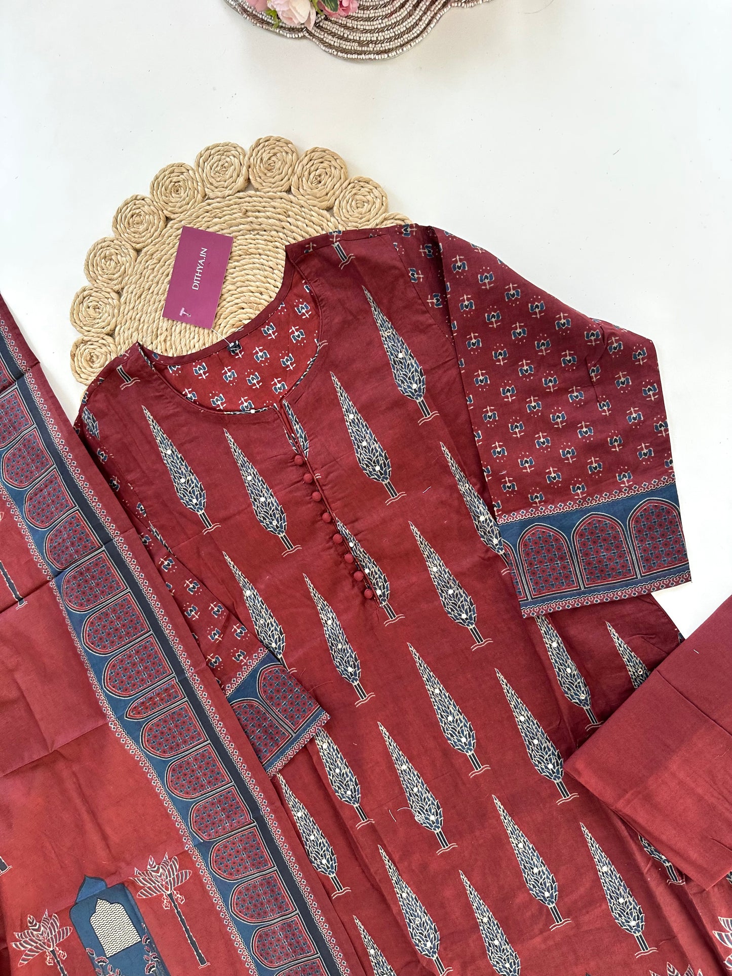 K007 - Mul cotton straight Kurti with pants and dupatta in 2 colours