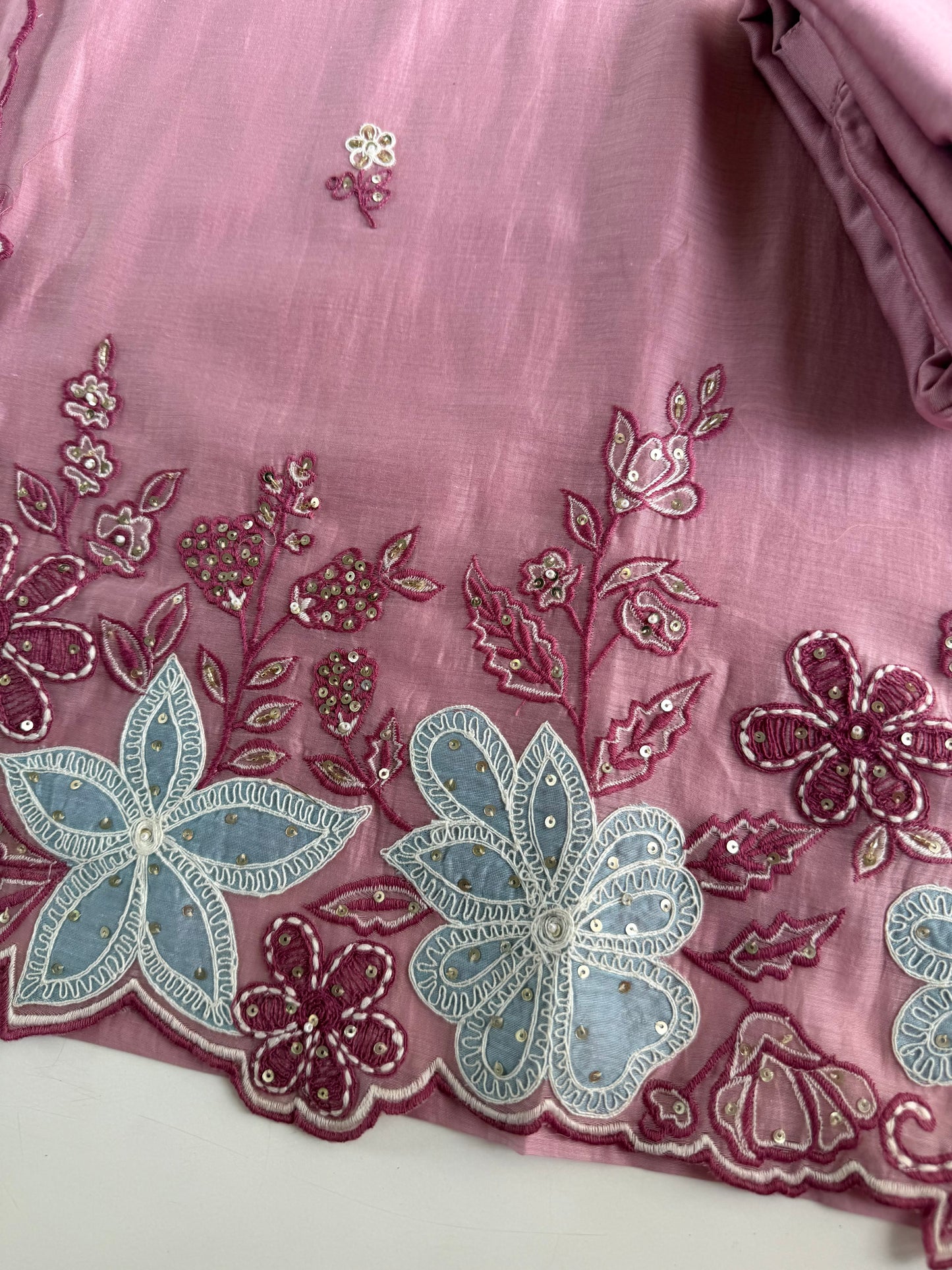 K541 - Mul chanderi handwork straight Kurti with pants and dupatta