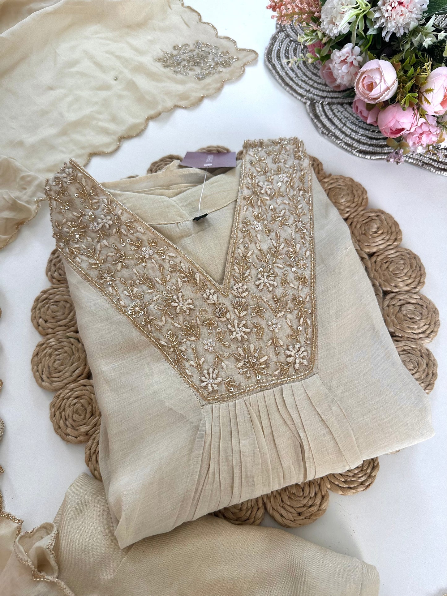 K191 - Mul Chanderi handwork Aline Kurti with pants and dupatta in 3 colours