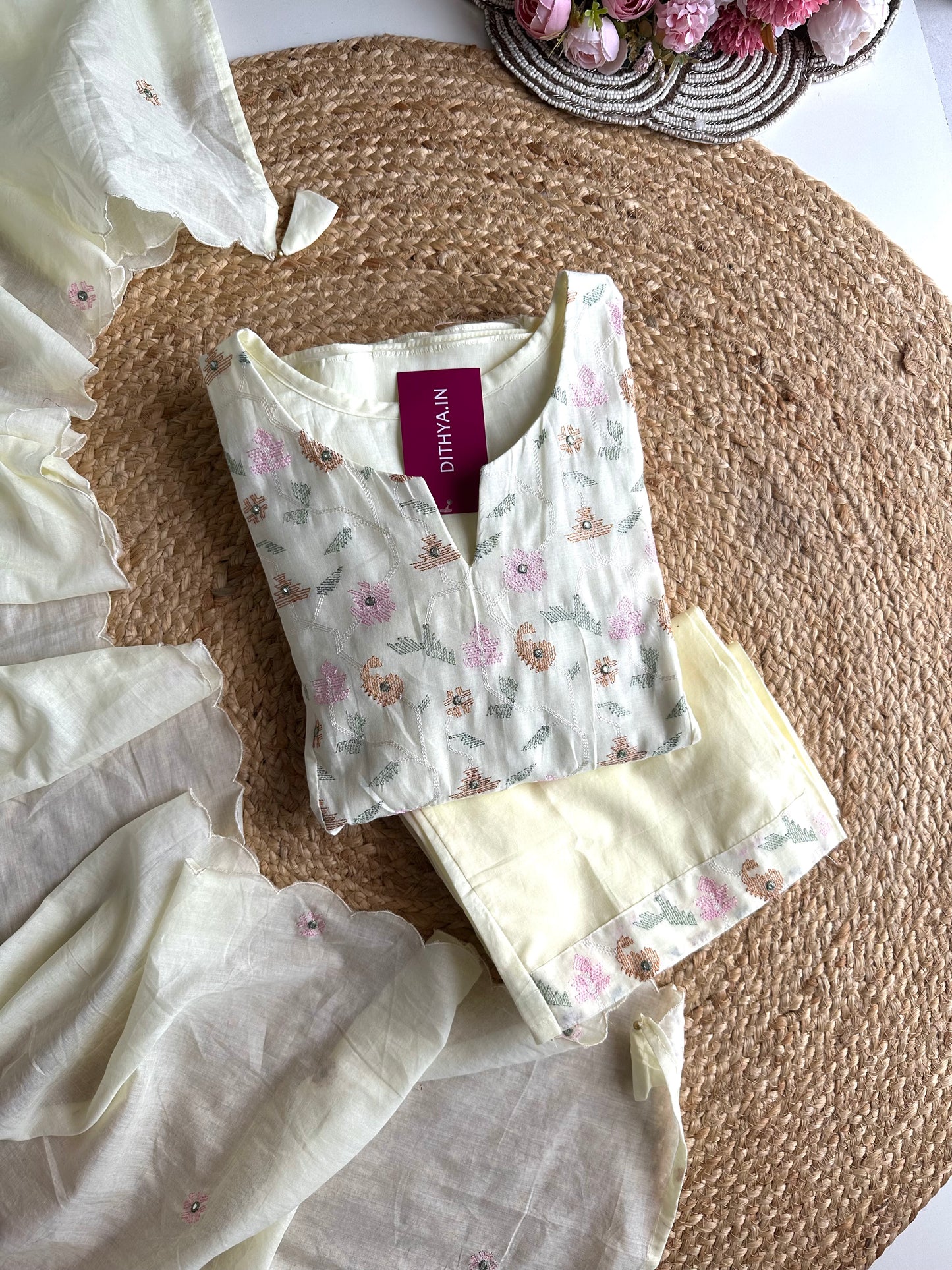 K394 - Cotton embroidered Aline Kurti with pants and dupatta