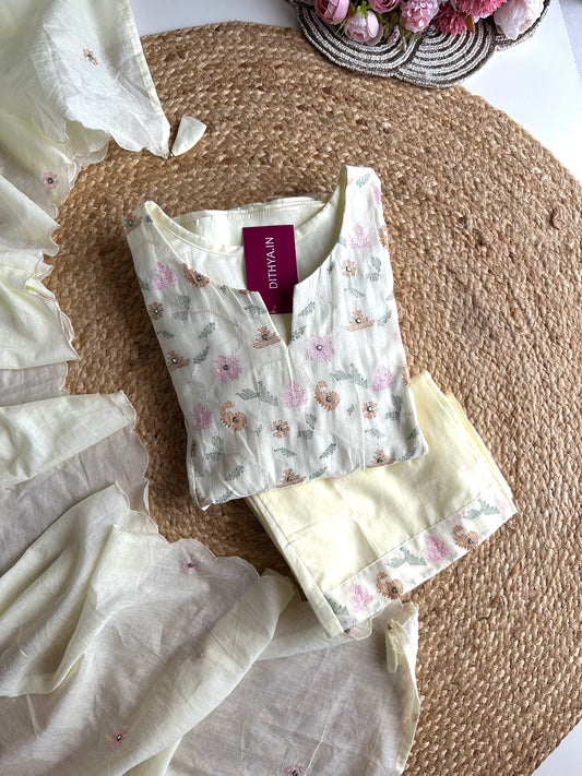 K394 - Cotton embroidered Aline Kurti with pants and dupatta