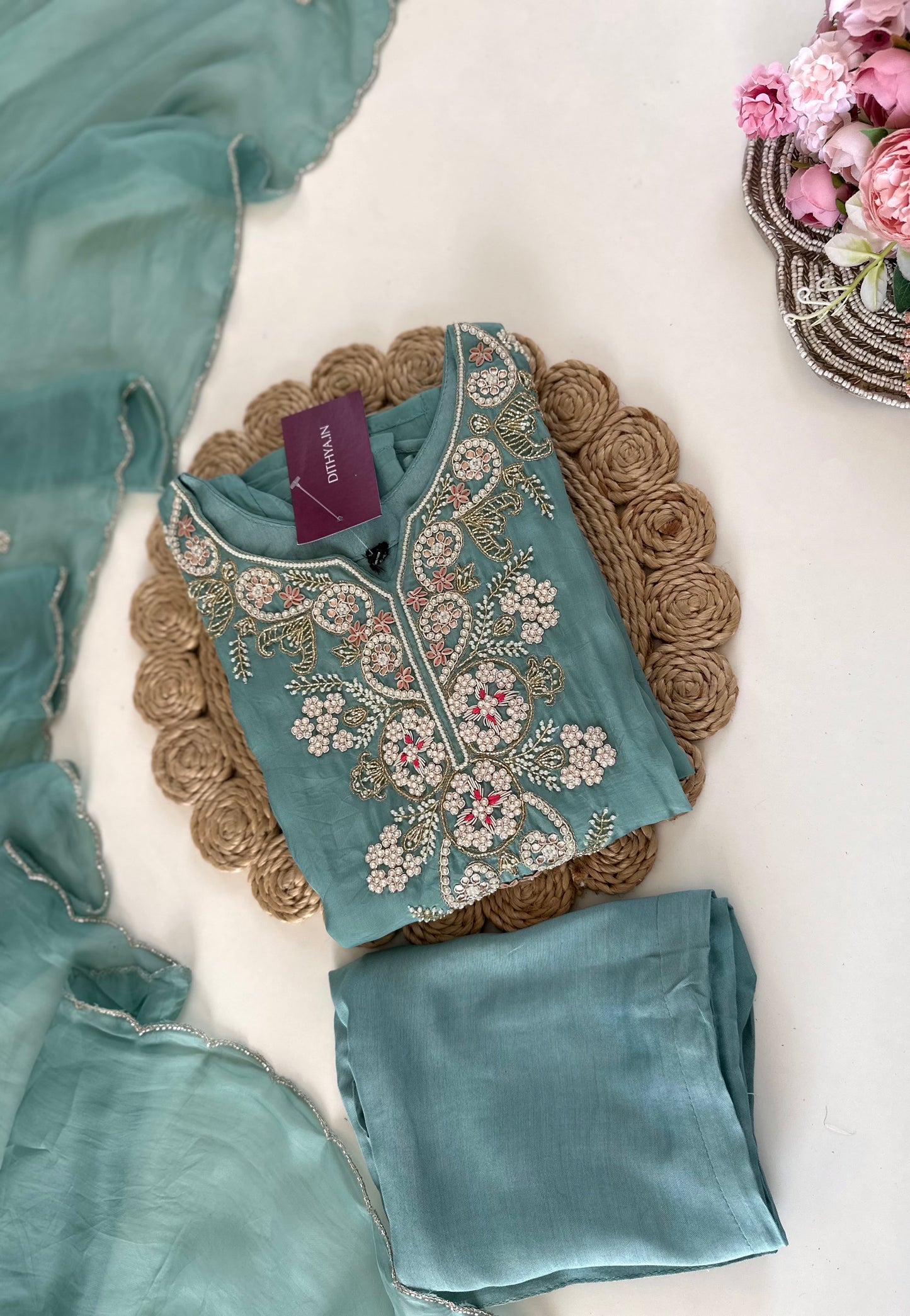 K137 - Viscose organza Handwork straight kurti with pants and dupatta.