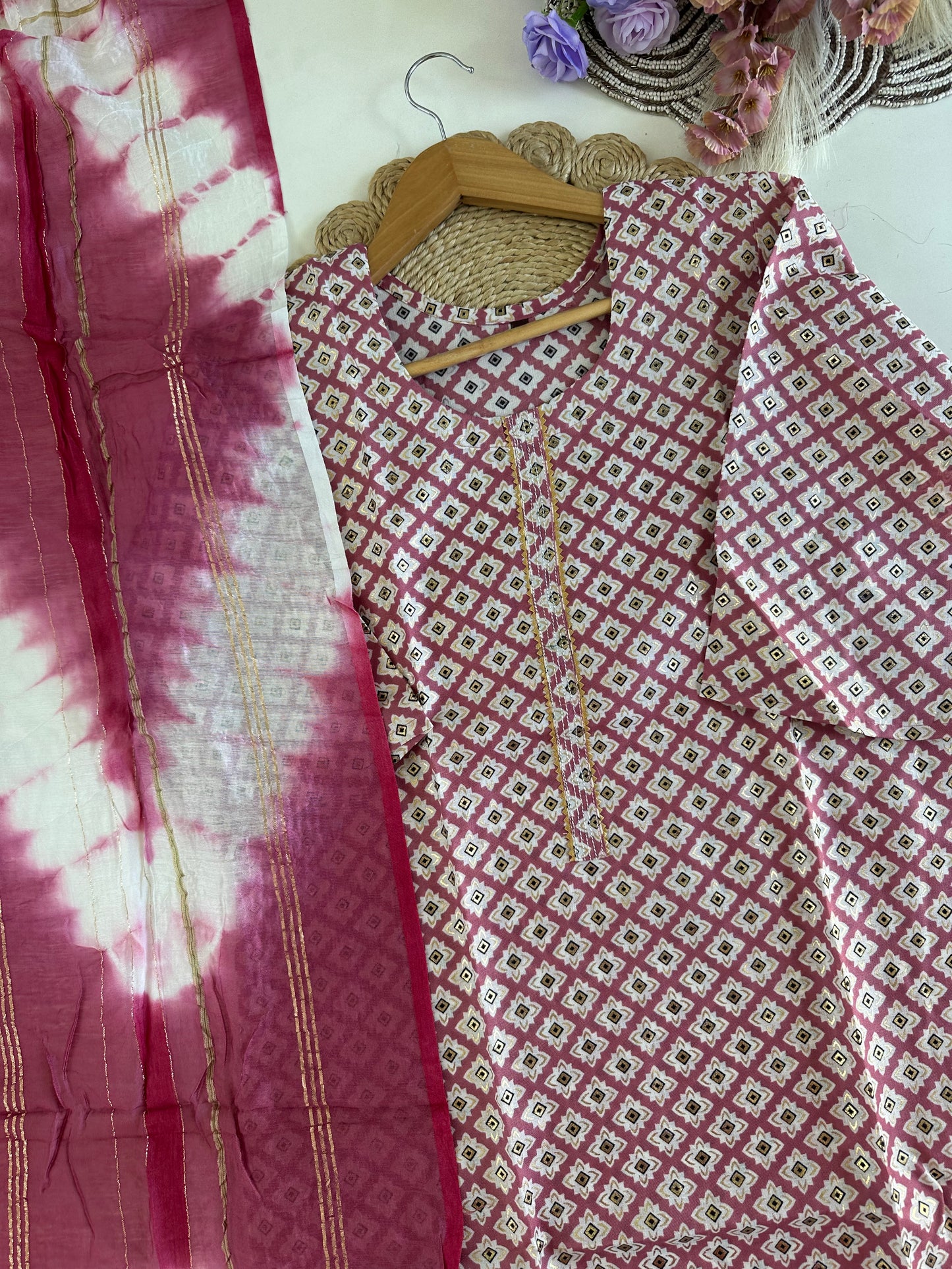 D395-Cotton straight Kurti with pants and dupatta