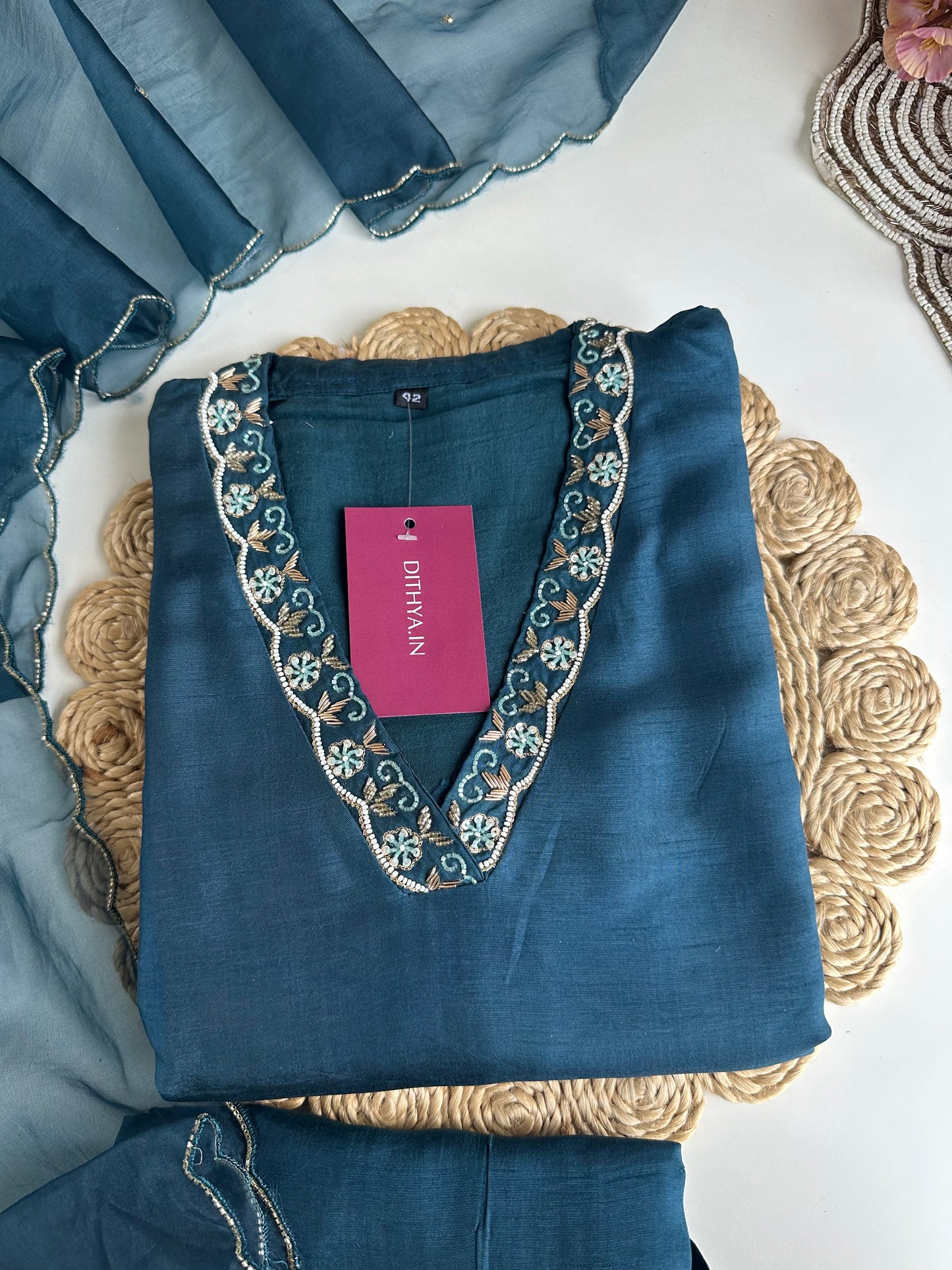 D025 -Dola silk straight kurti with pants and dupatta