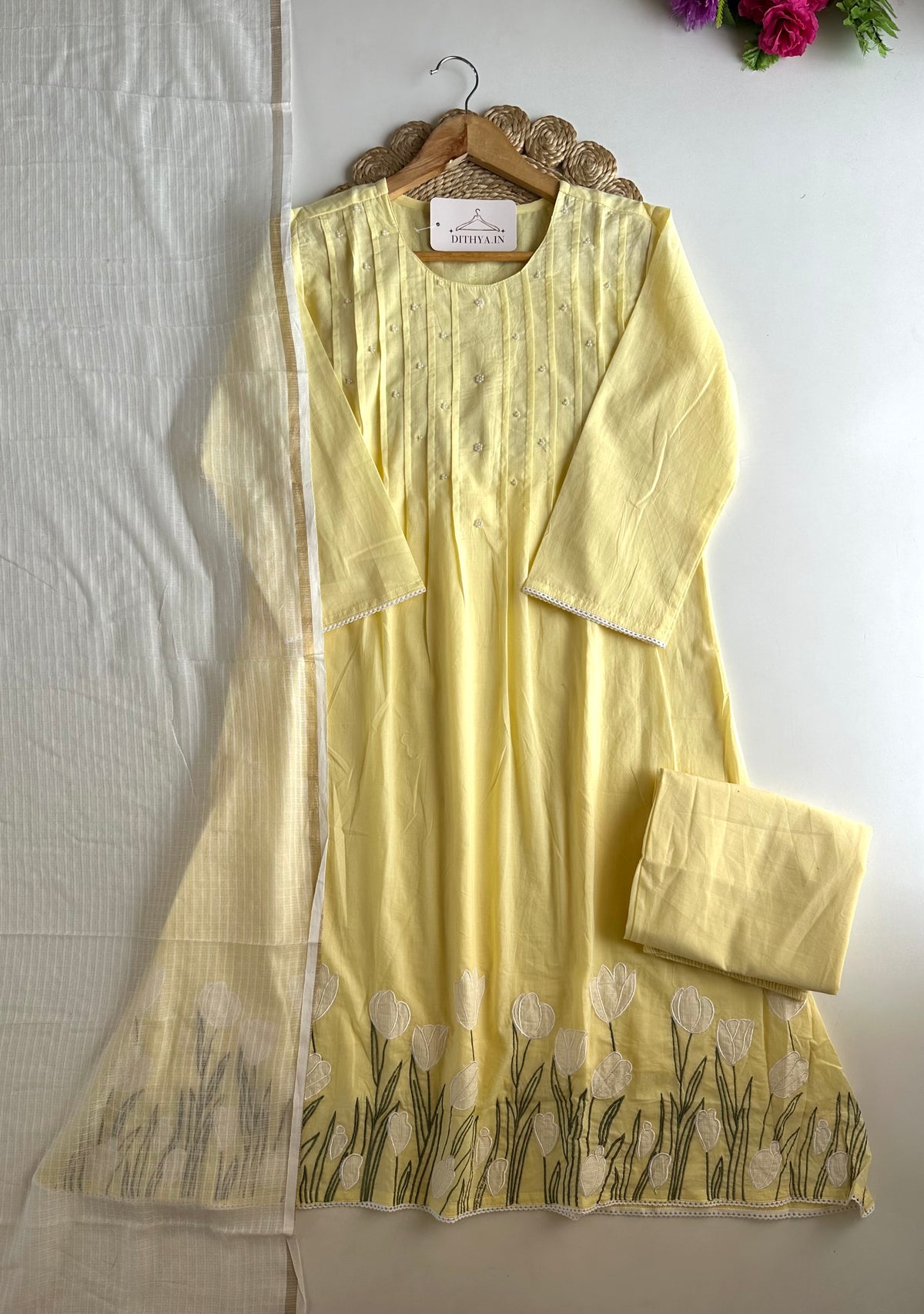 K382 - Mul cotton embroidered Aline Kurti with pants and dupatta