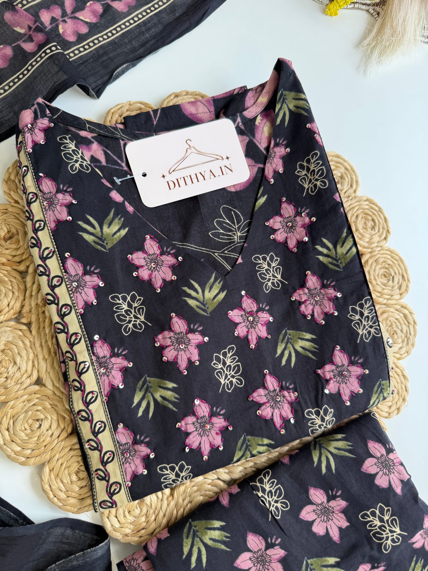 K195 - Cotton floral straight Kurti with pants and dupatta