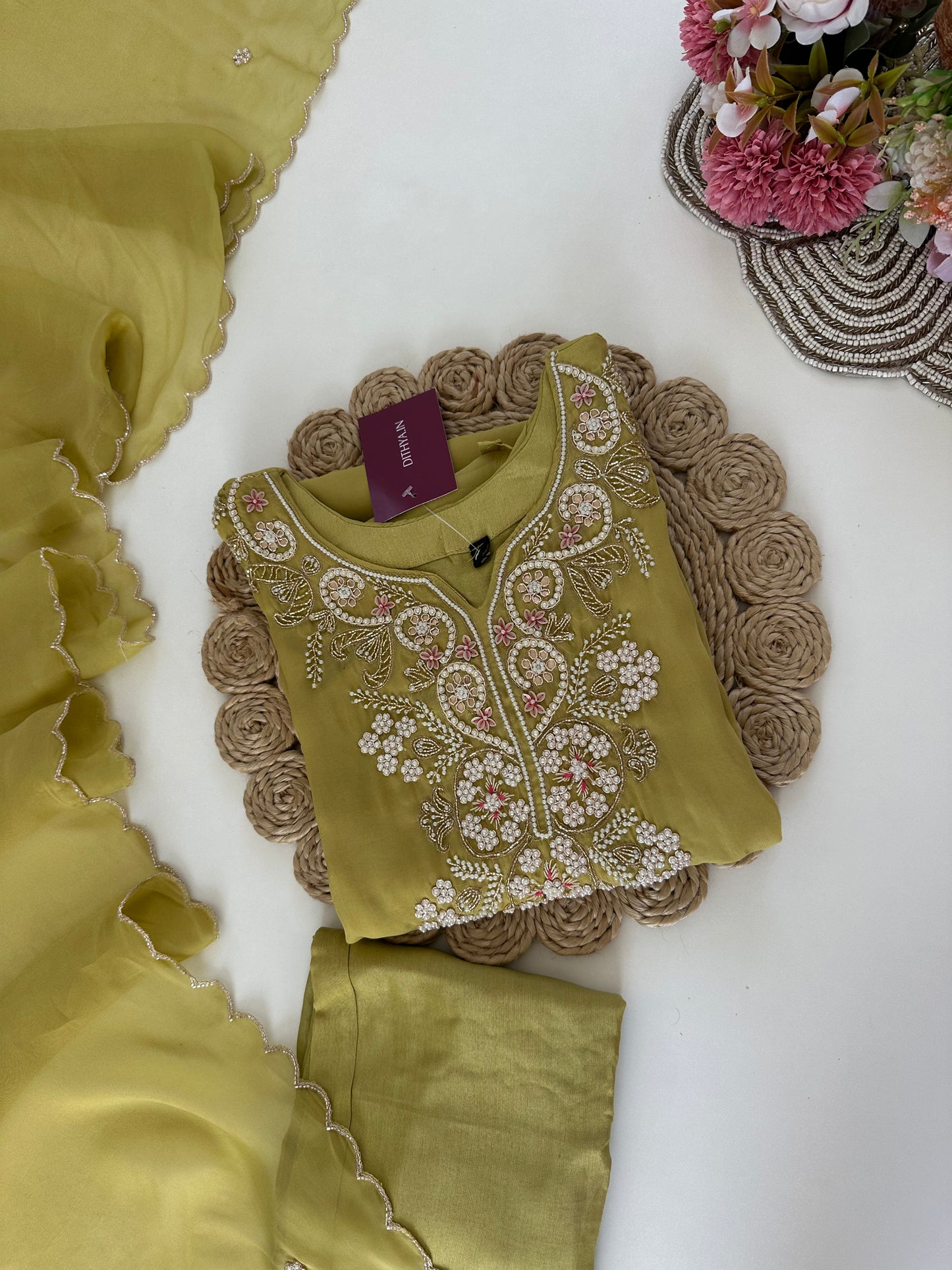 K137 - Viscose organza Handwork straight kurti with pants and dupatta.
