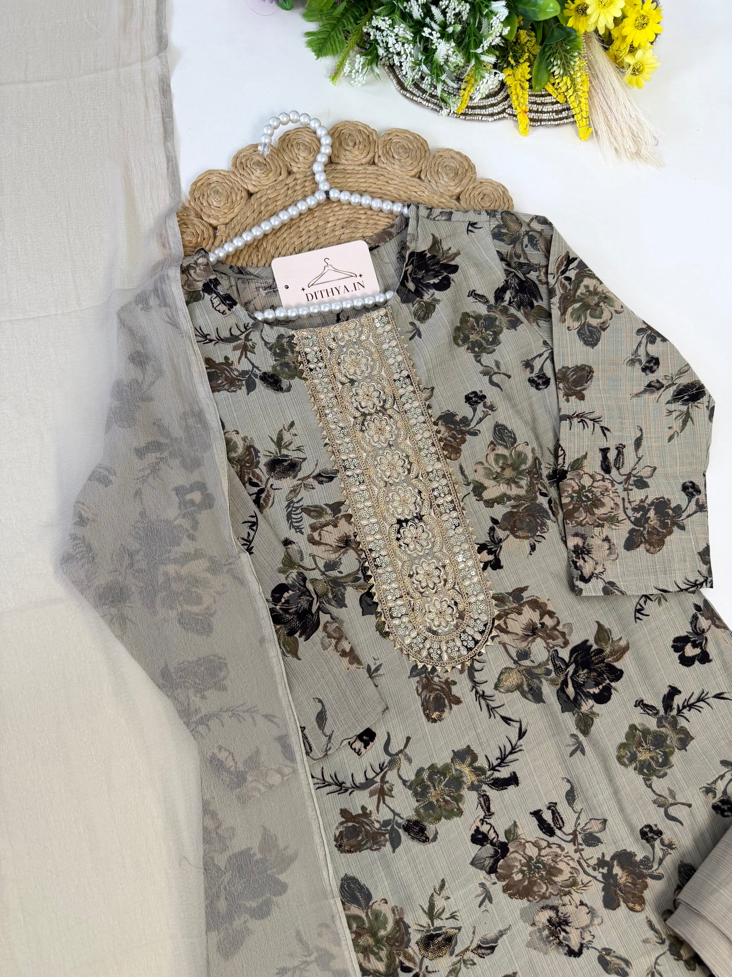 K542 - Roman silk embroidered straight Kurti with pants and dupatta