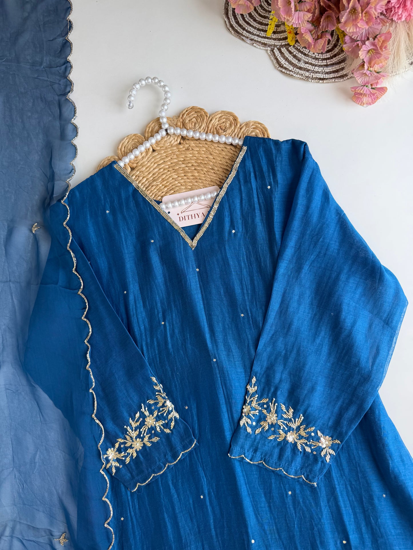 K529 - Mul chanderi handwork Aline Kurti with pants and dupatta in 2 colours