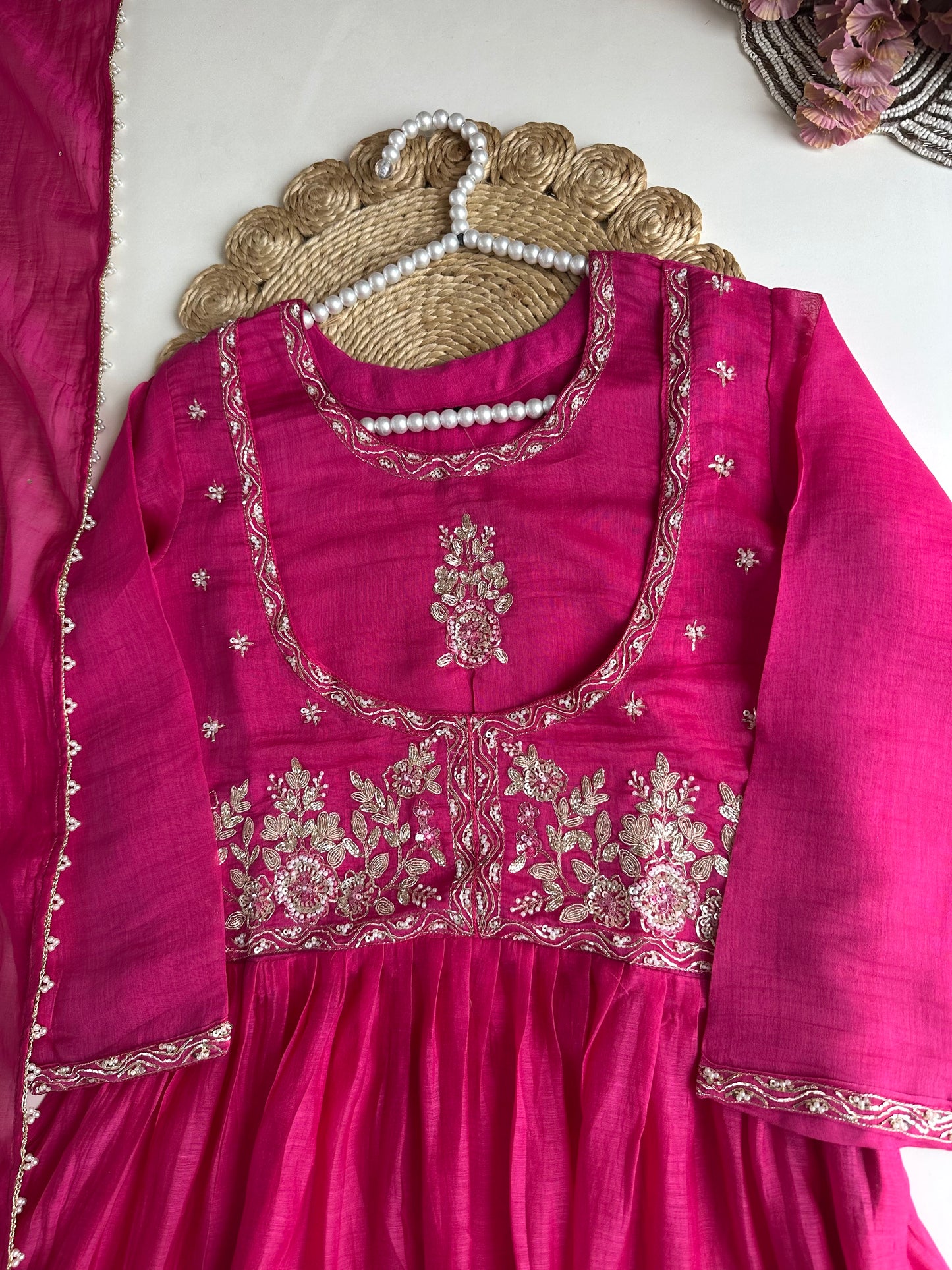 K076 - Mul Chanderi handwork Anarkali with side slit, straight pants and dupatta
