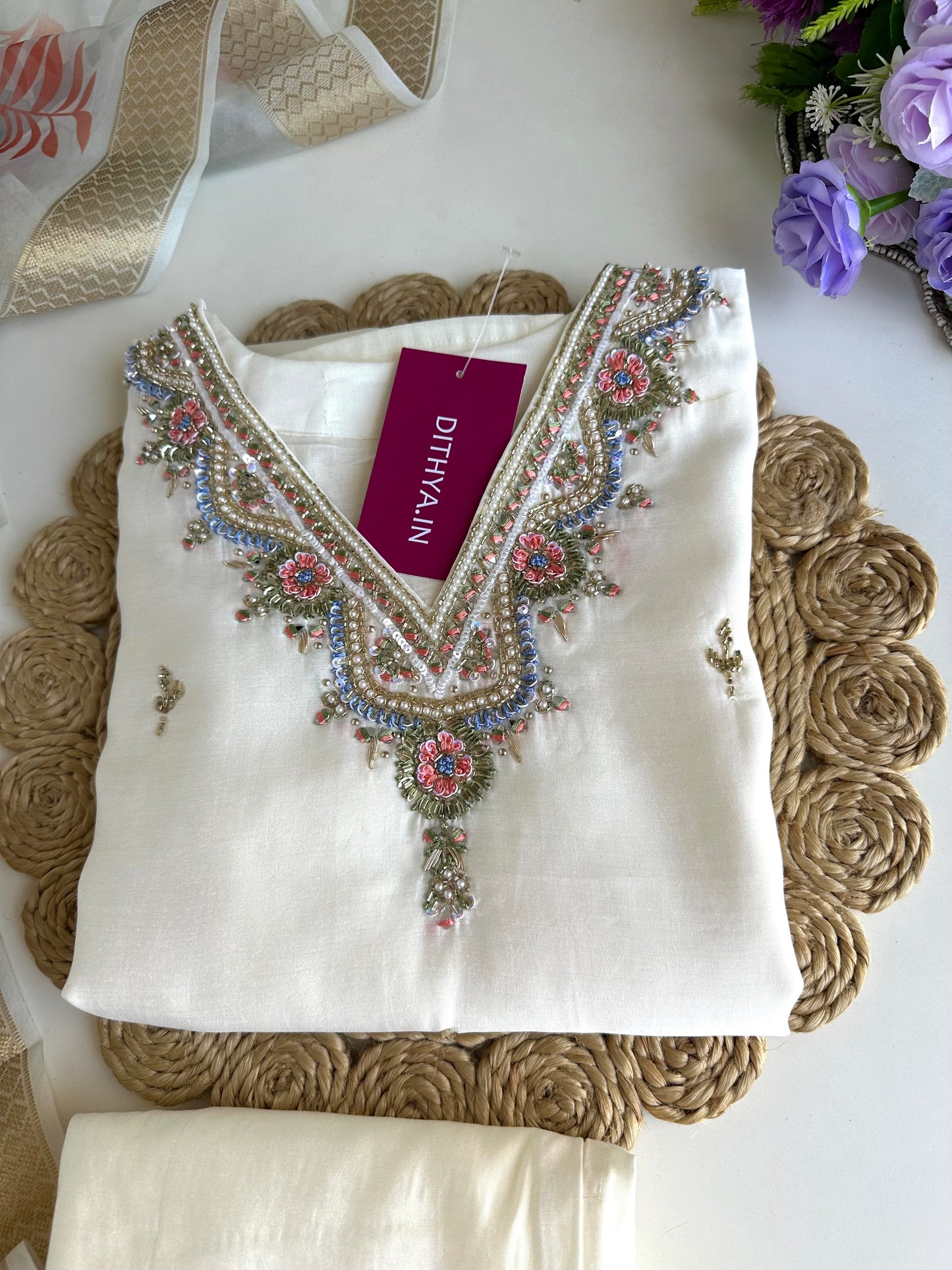 K024 - Roman silk handwork straight Kurti with pants and dupatta in 3 colours